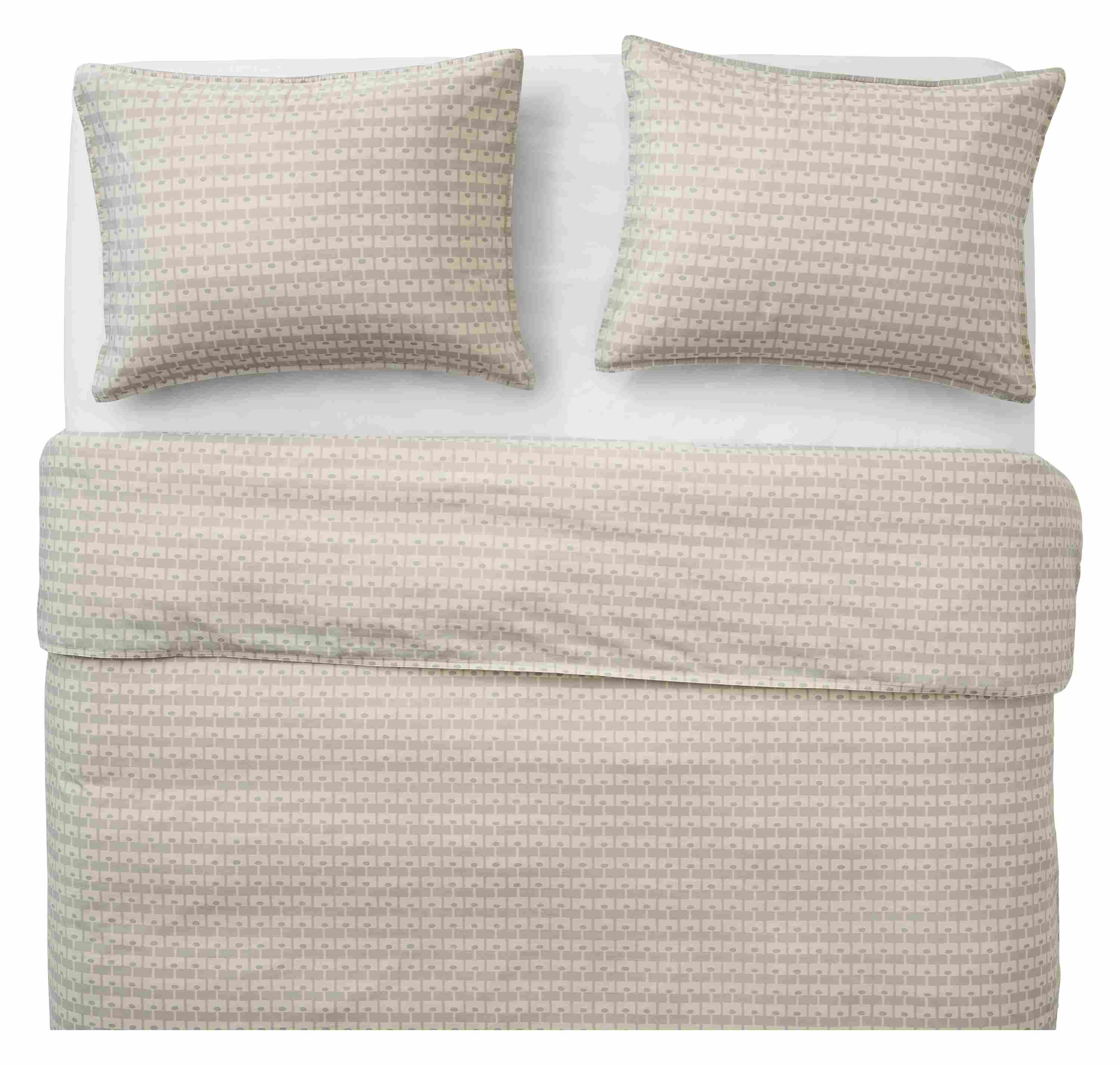 Overhead view of Milan duvet set in natural and signature percale queen fitted sheet in white on a Core queen bed.