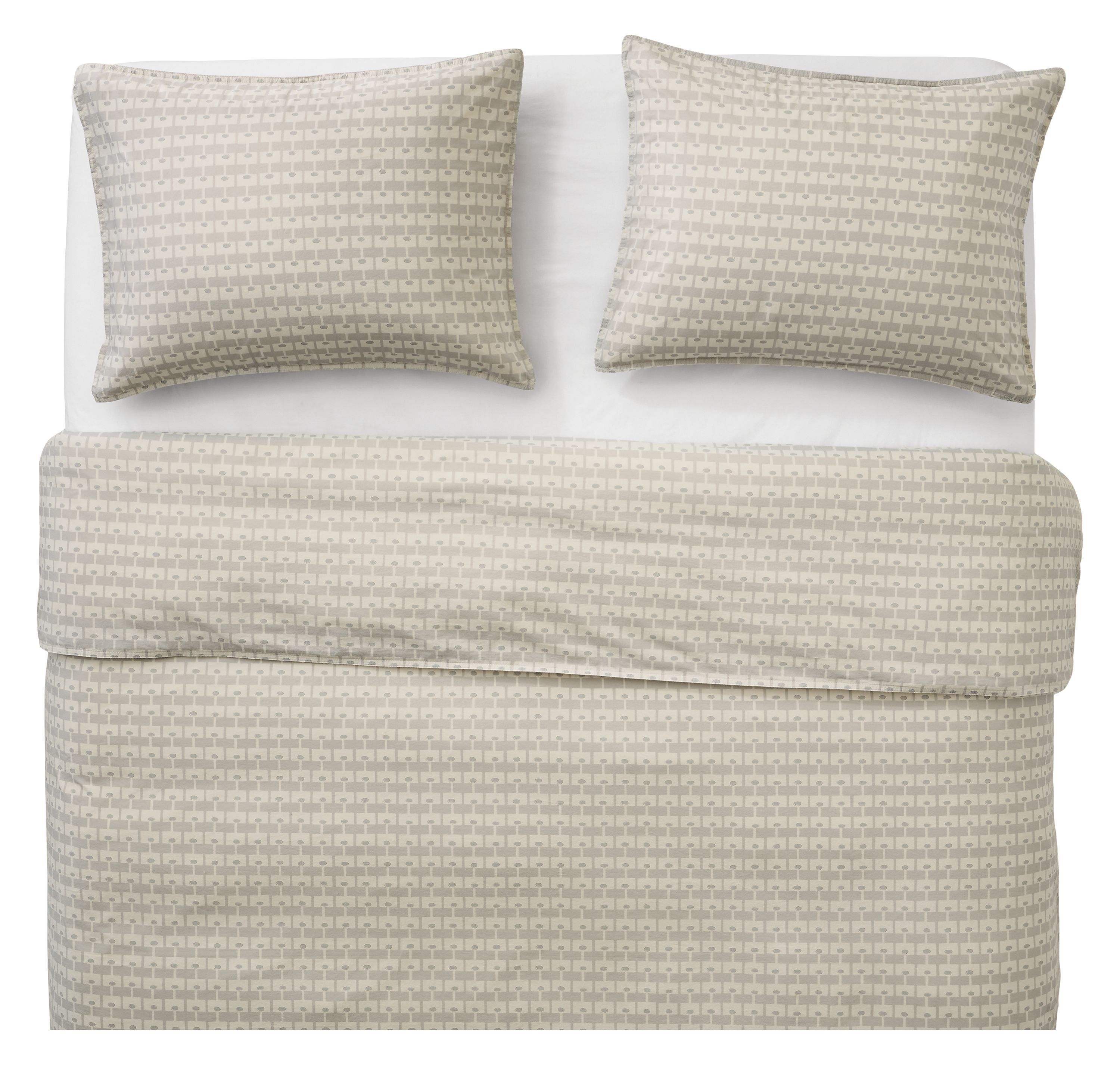 Overhead view of Milan duvet set in natural and signature percale queen fitted sheet in white on a Core queen bed.