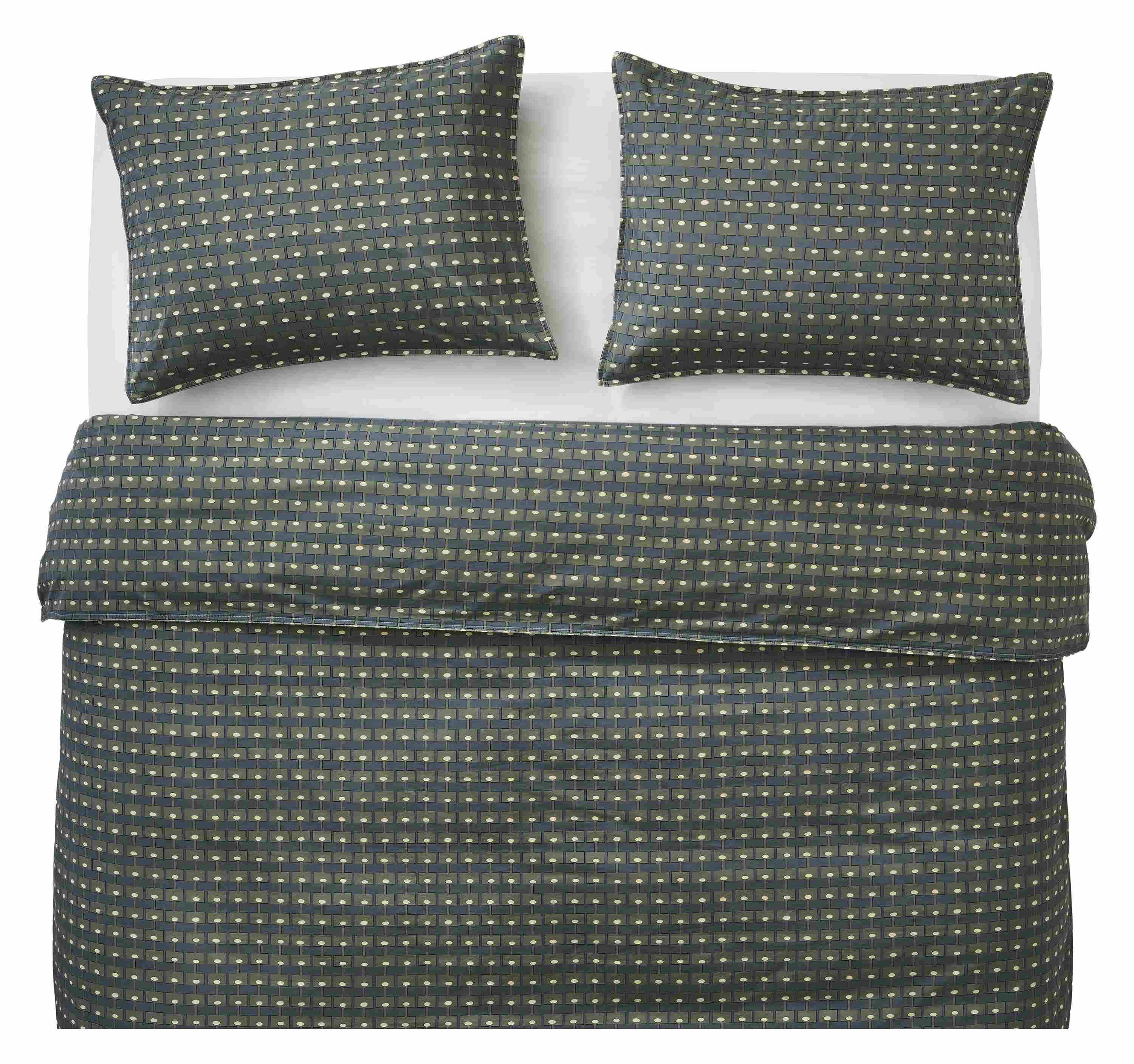 Overhead view of Milan duvet set in olive and signature percale queen fitted sheet in white on a Core queen bed.