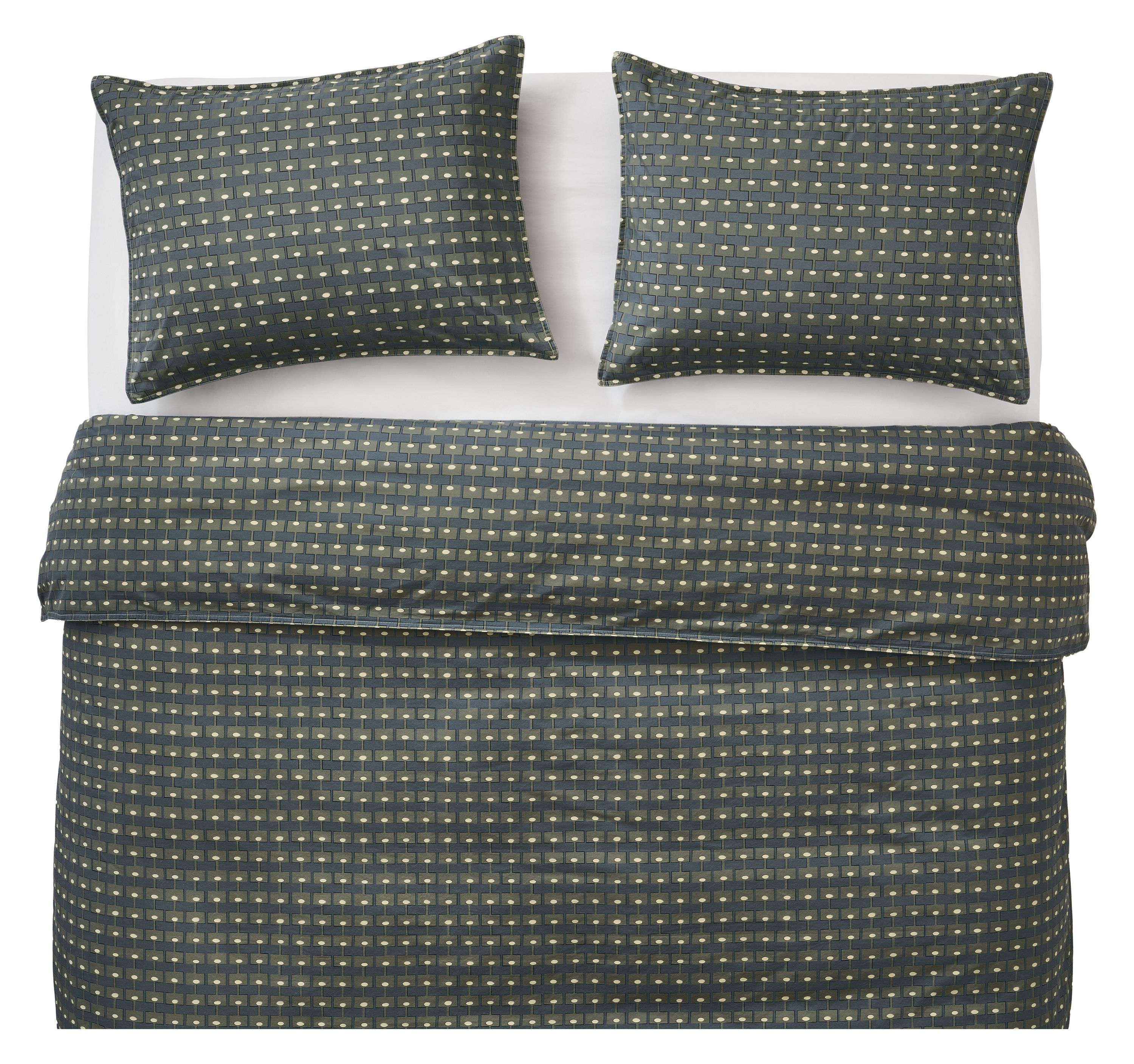 Overhead view of Milan duvet set in olive and signature percale queen fitted sheet in white on a Core queen bed.