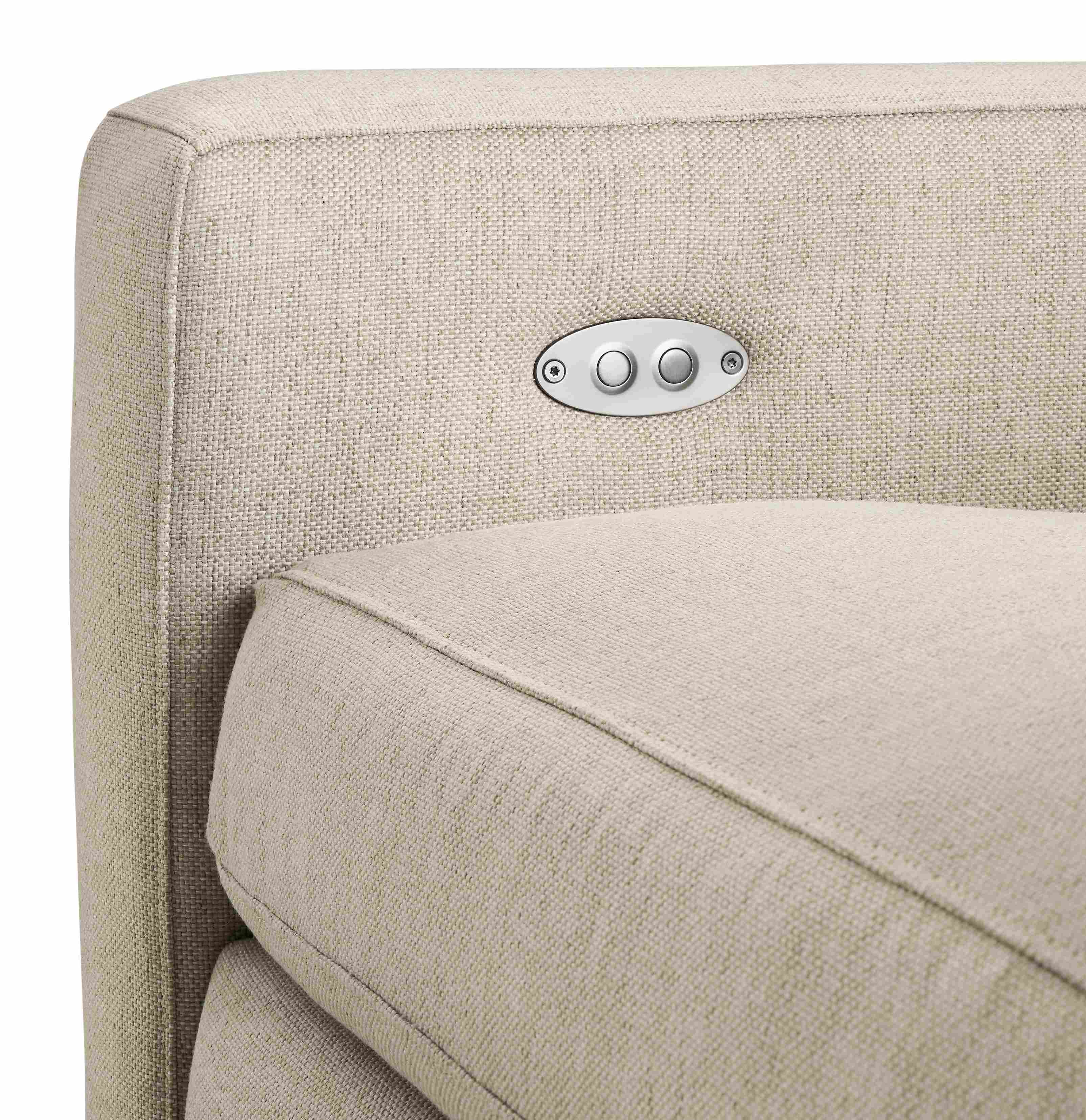 Detail of control buttons on milton power recliner in sumner linen.