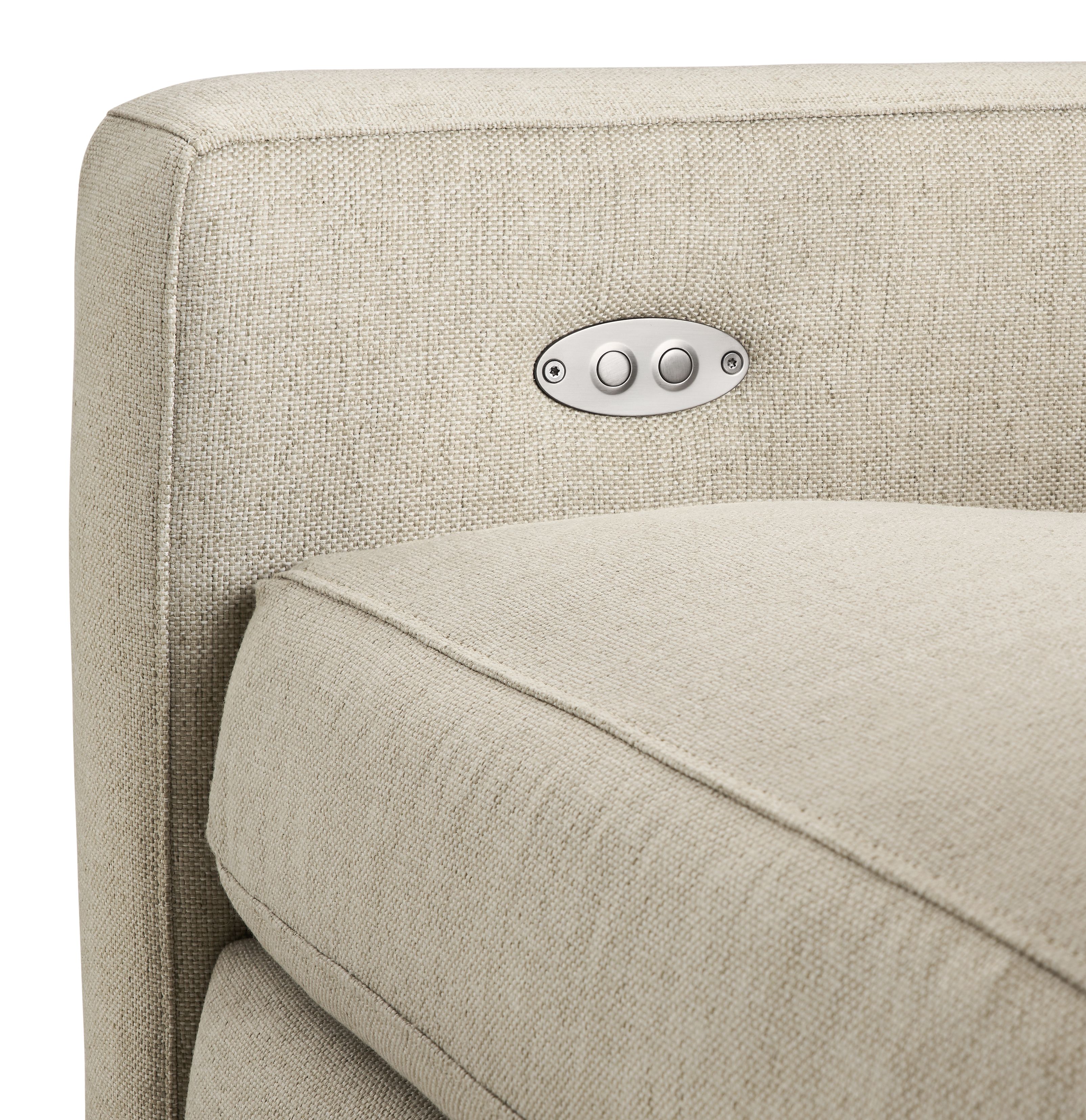 Detail of control buttons on milton power recliner in sumner linen.
