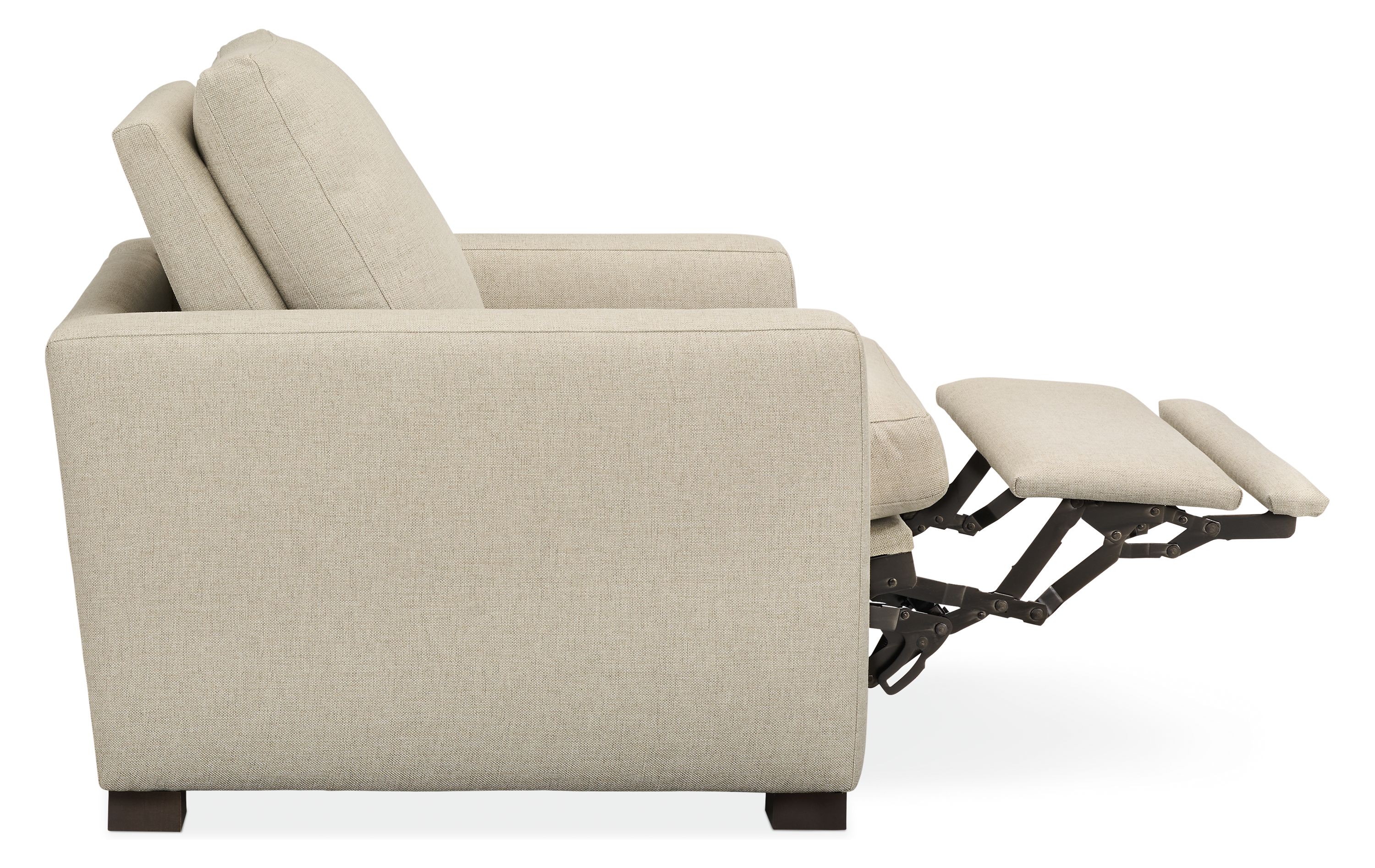 Milton power recliner large in sumner linen shown with footrest extended.