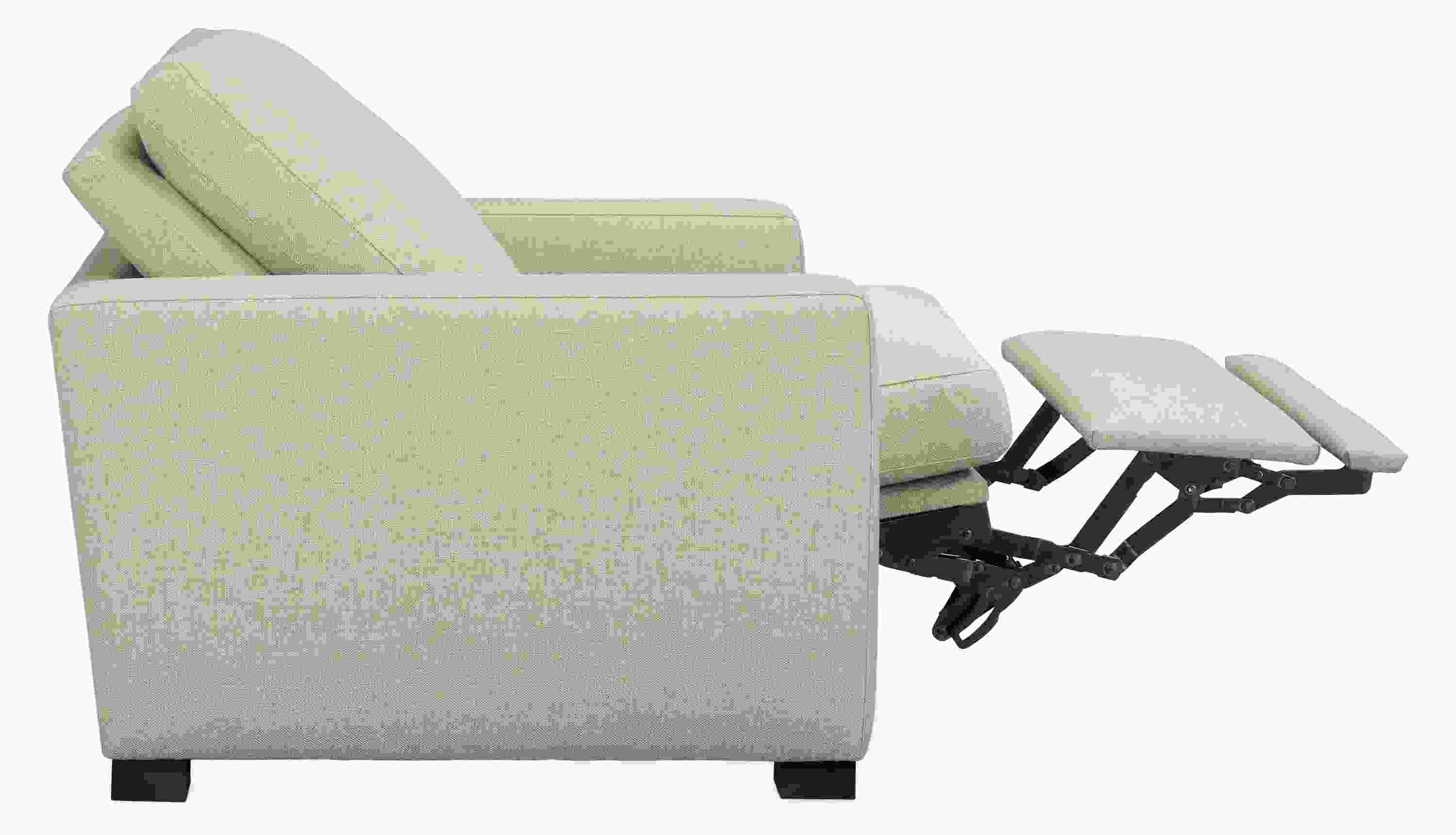 Milton power recliner large in sumner linen shown reclined with footrest extended.