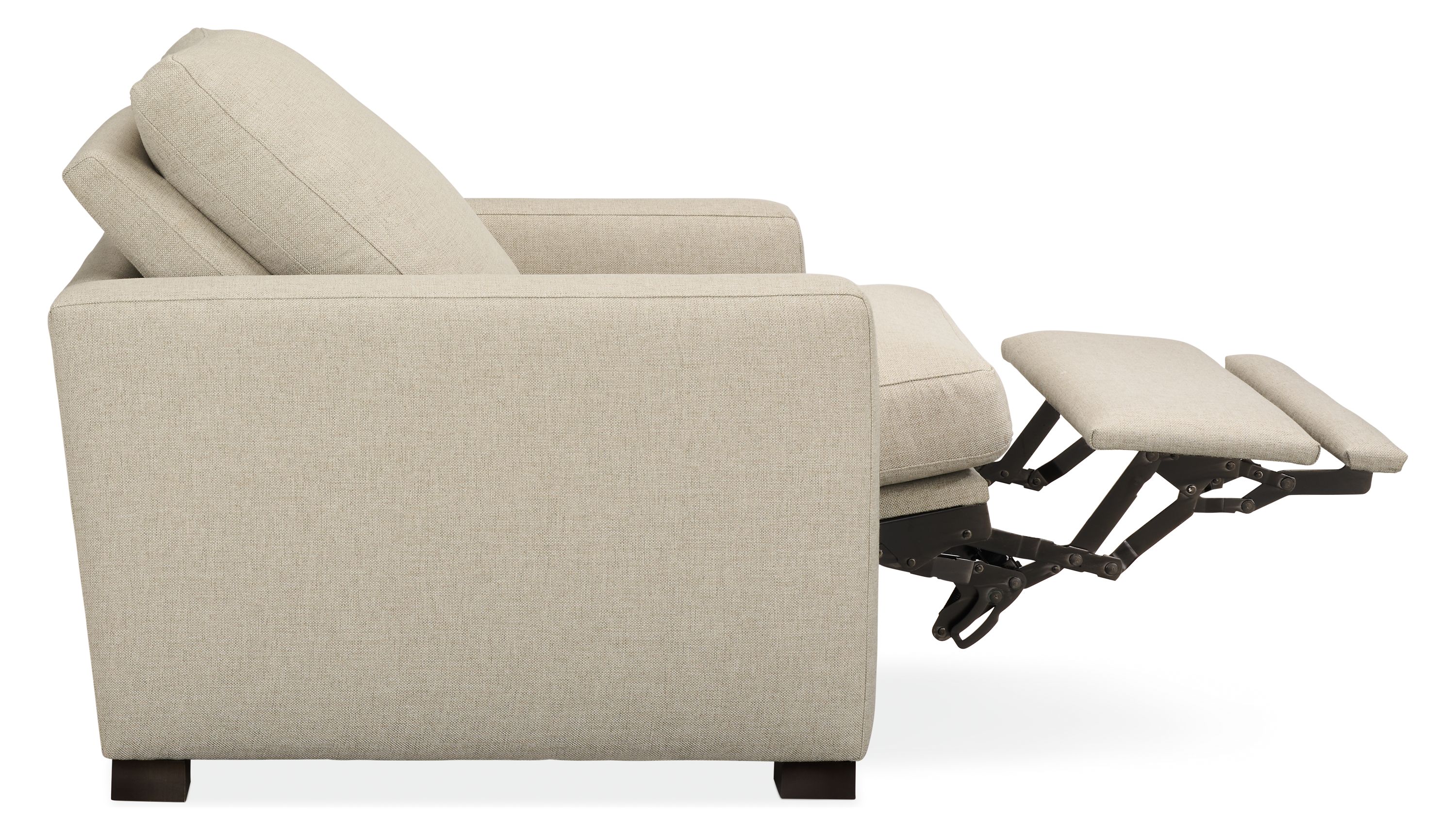 Milton power recliner large in sumner linen shown reclined with footrest extended.