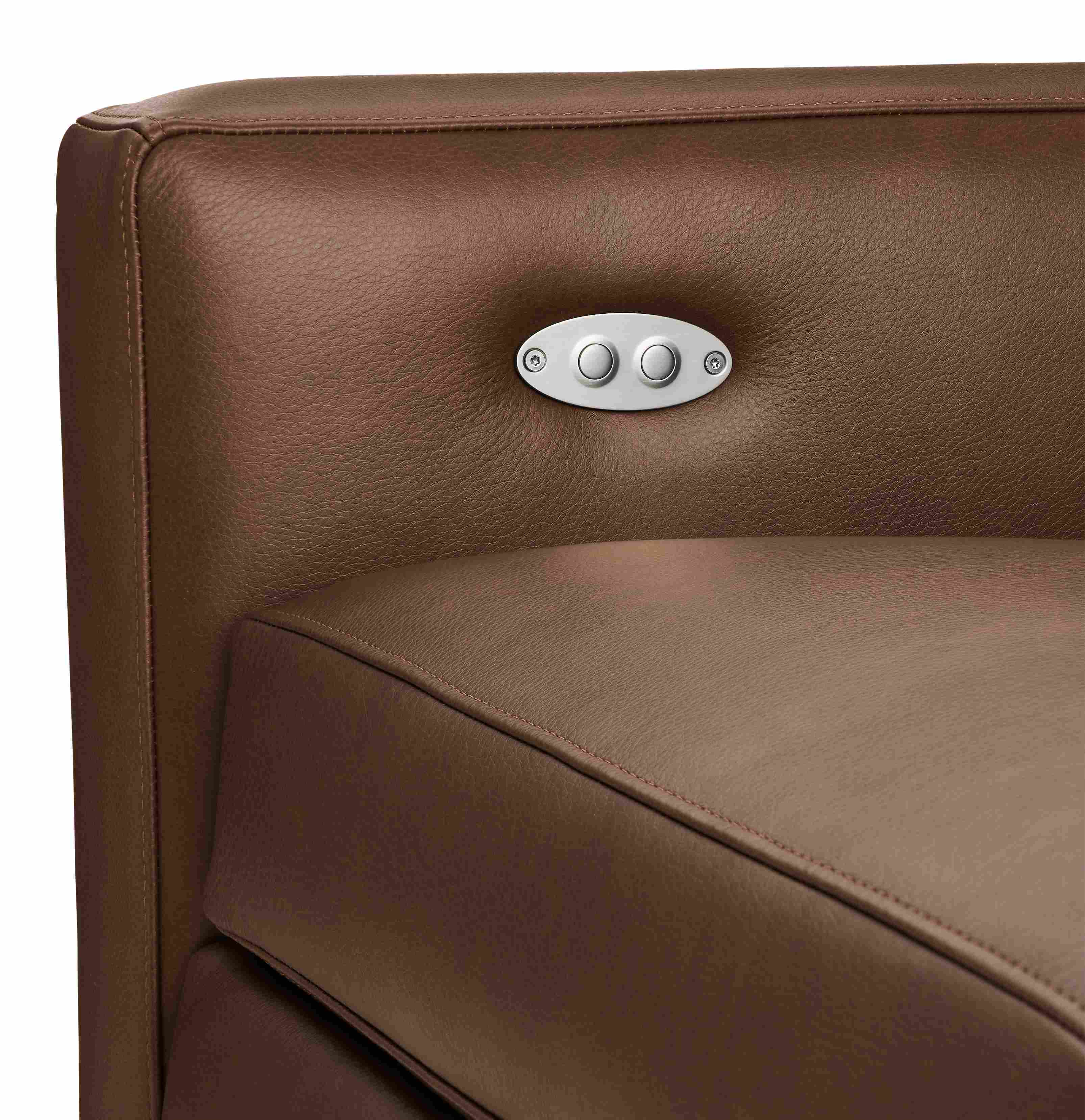 Detail of control buttons on milton power recliner large in laino cognac leather.