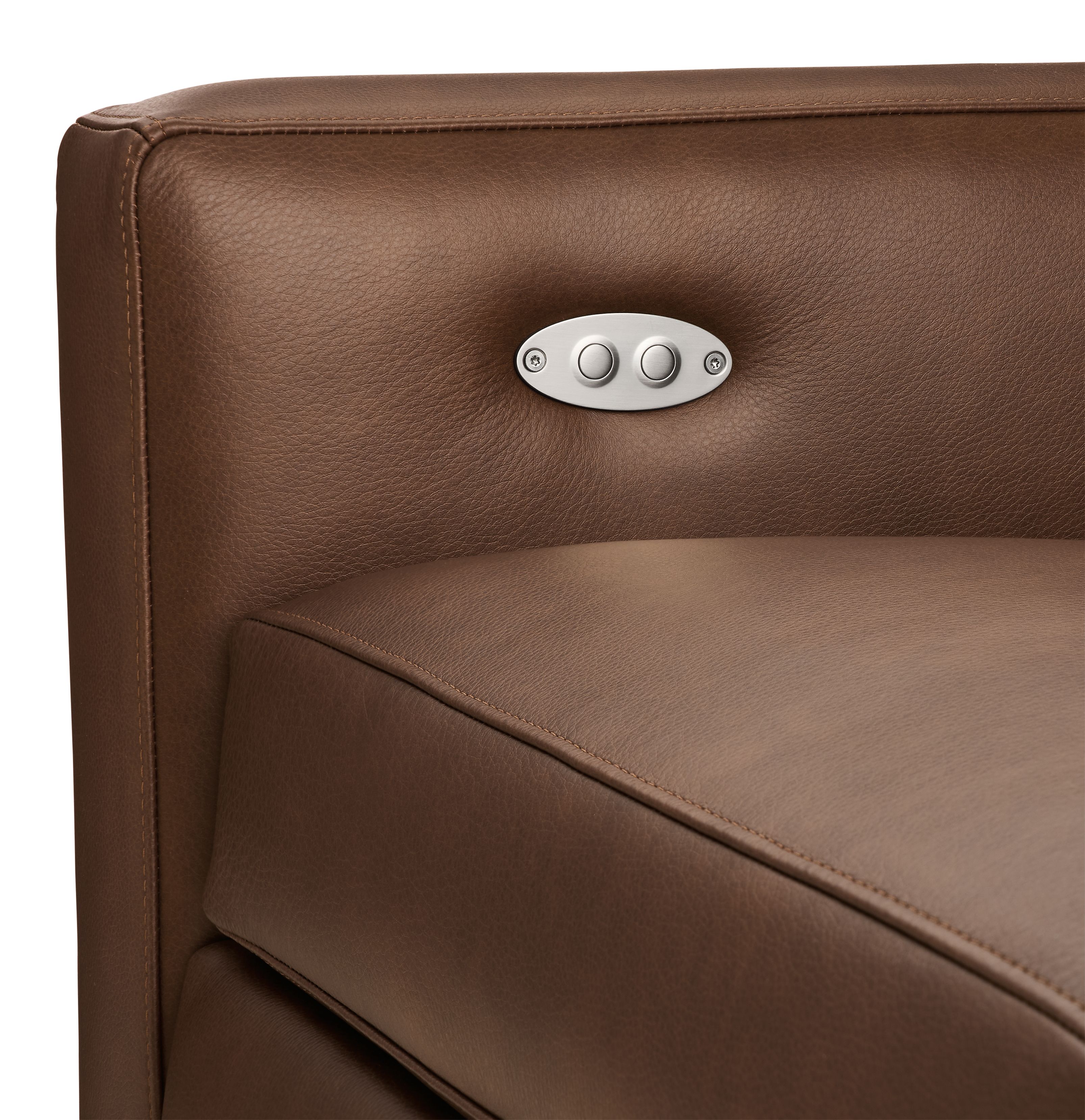 Detail of control buttons on milton power recliner large in laino cognac leather.