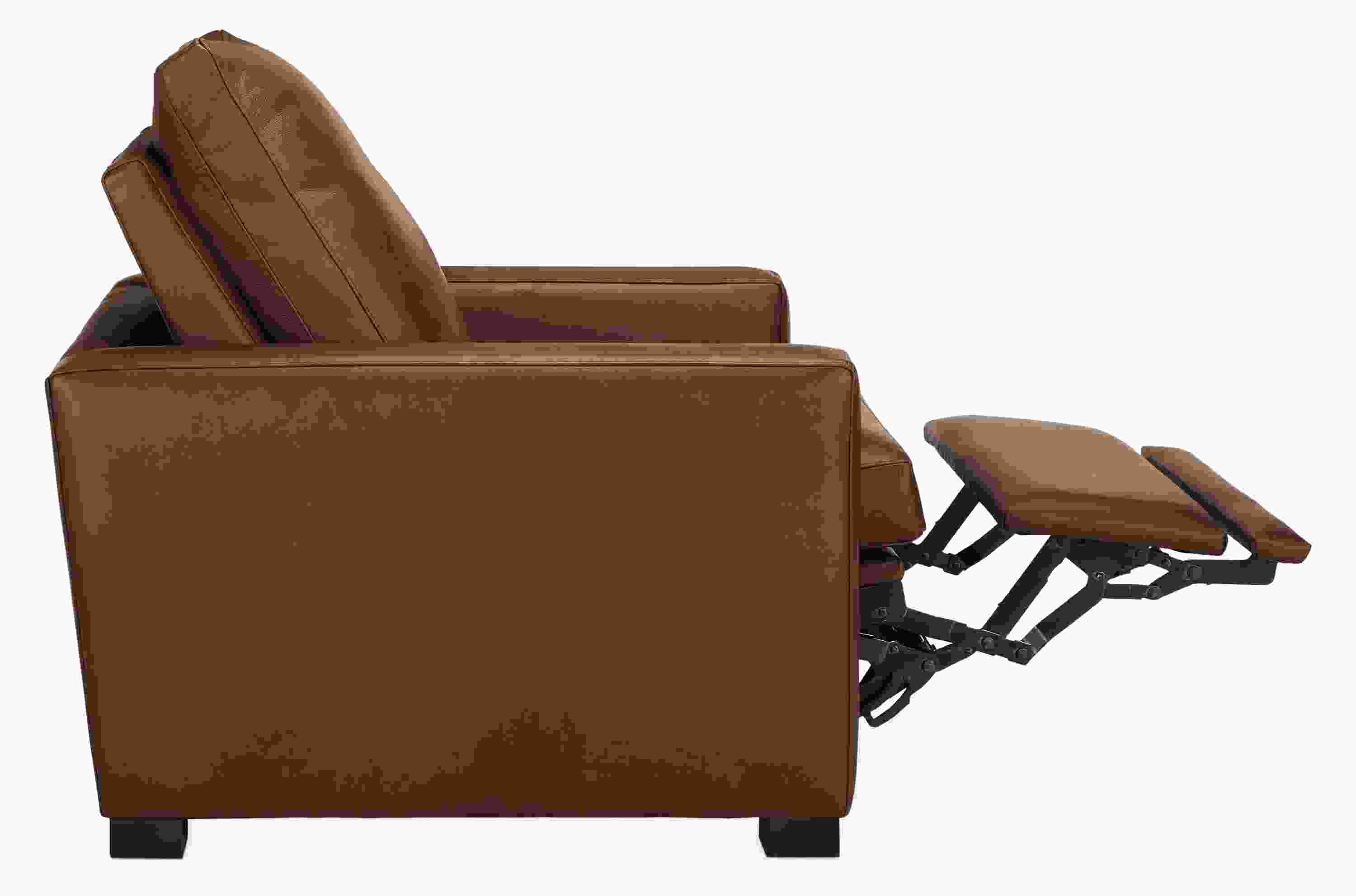 Milton power recliner large in laino cognac leather shown with footrest extended.