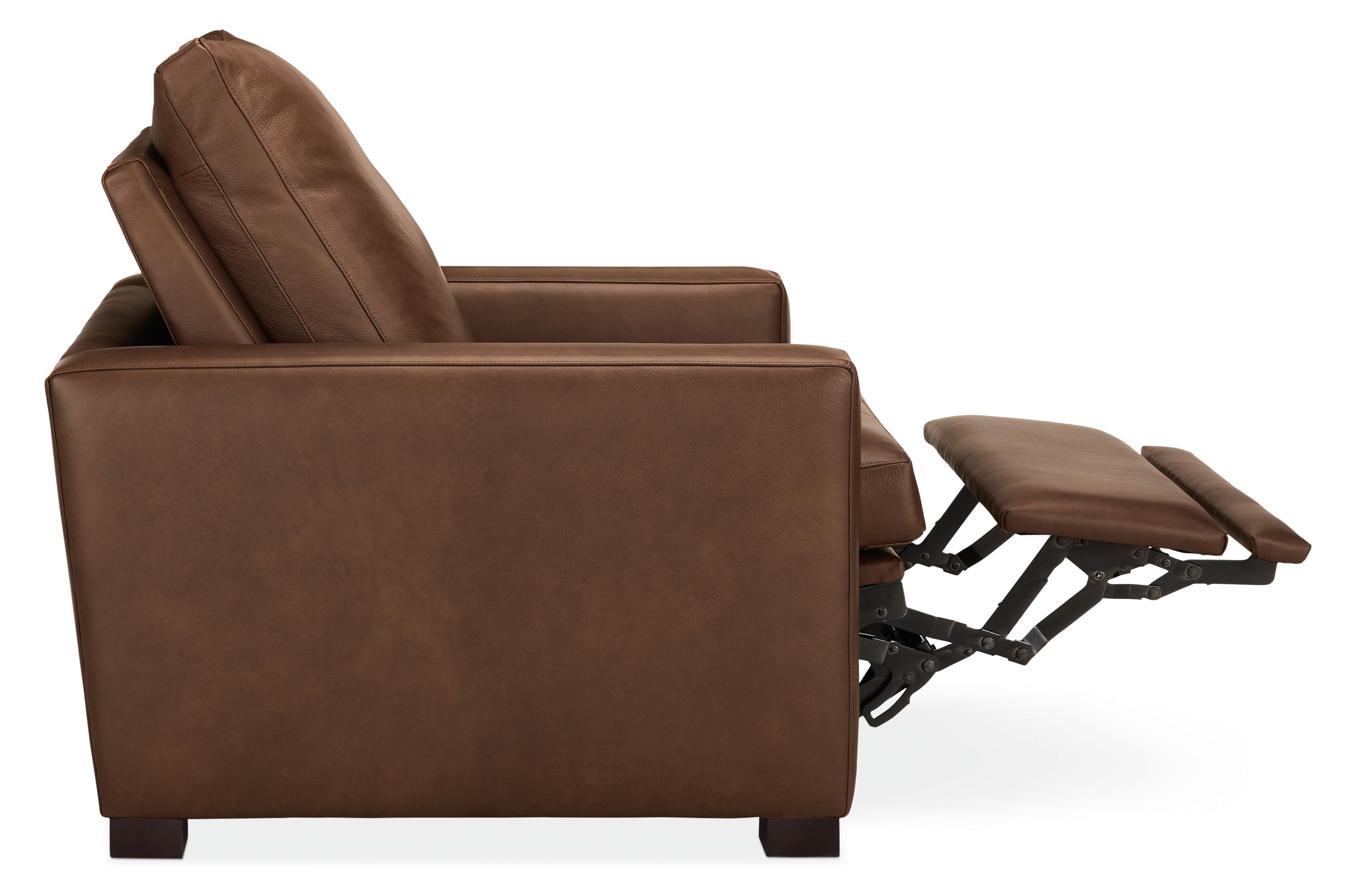 Milton power recliner large in laino cognac leather shown with footrest extended.