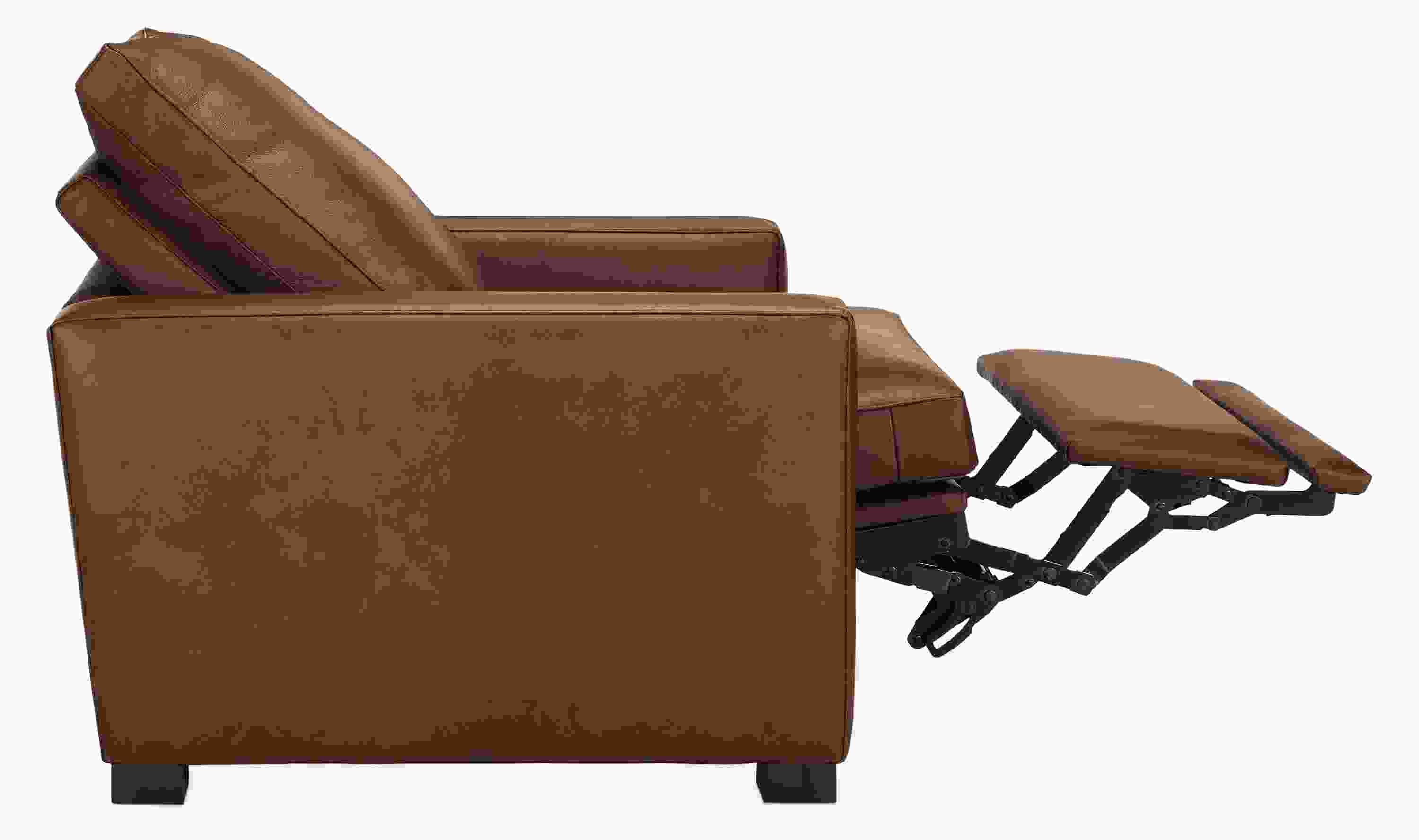 Milton power recliner large in laino cognac leather shown reclined with footrest extended.