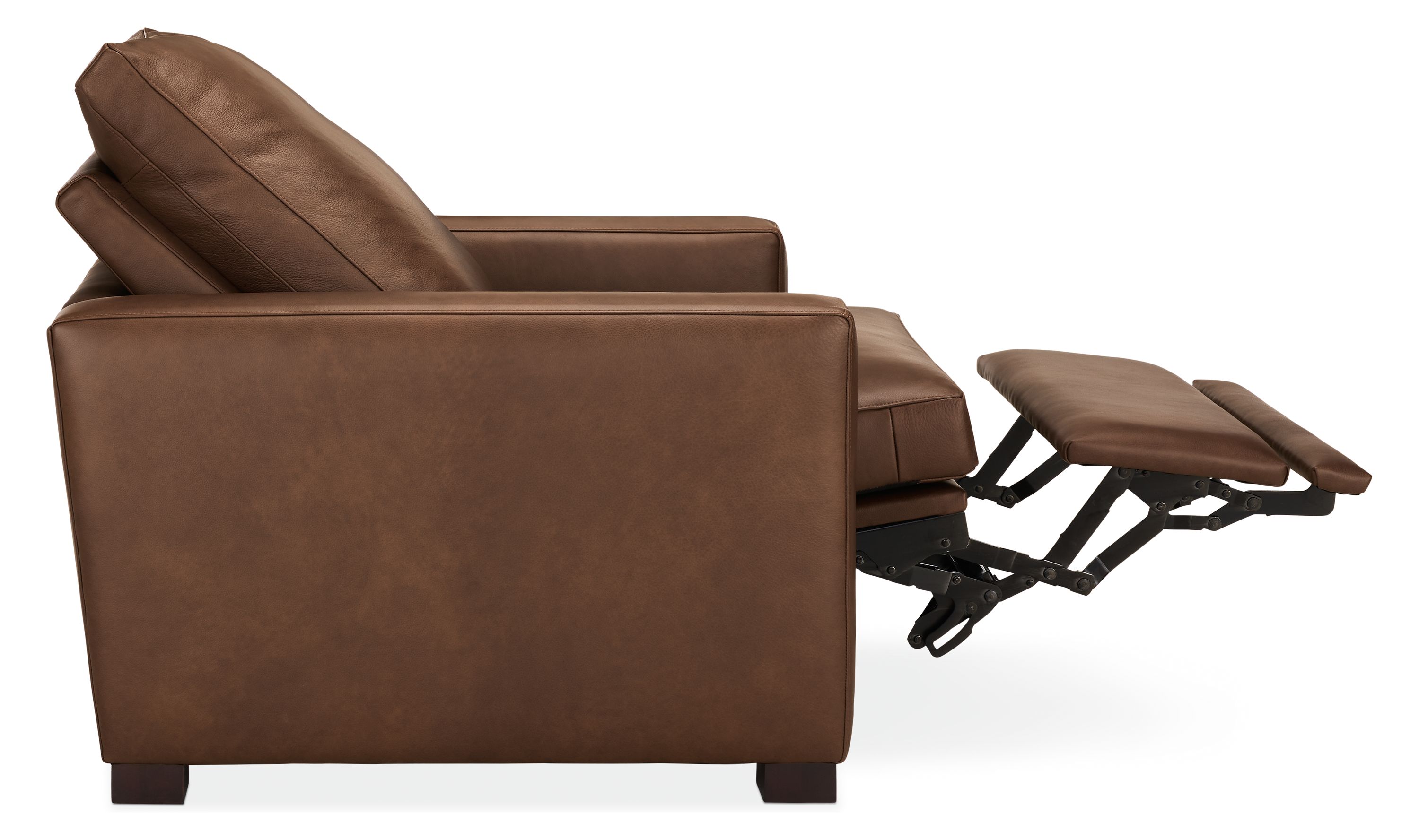 Milton power recliner large in laino cognac leather shown reclined with footrest extended.