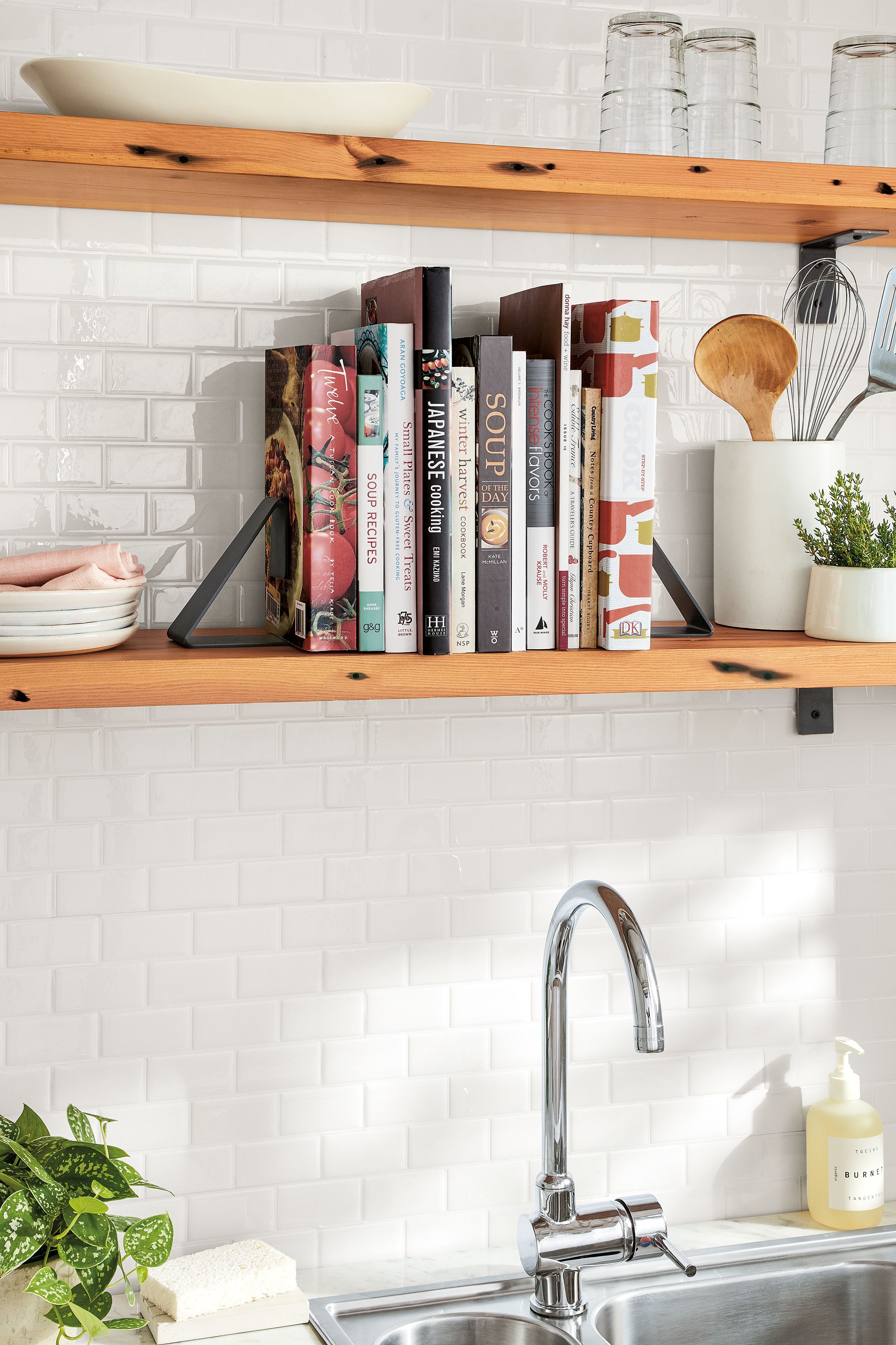 Detail of two Milton reclaimed wood shelves.