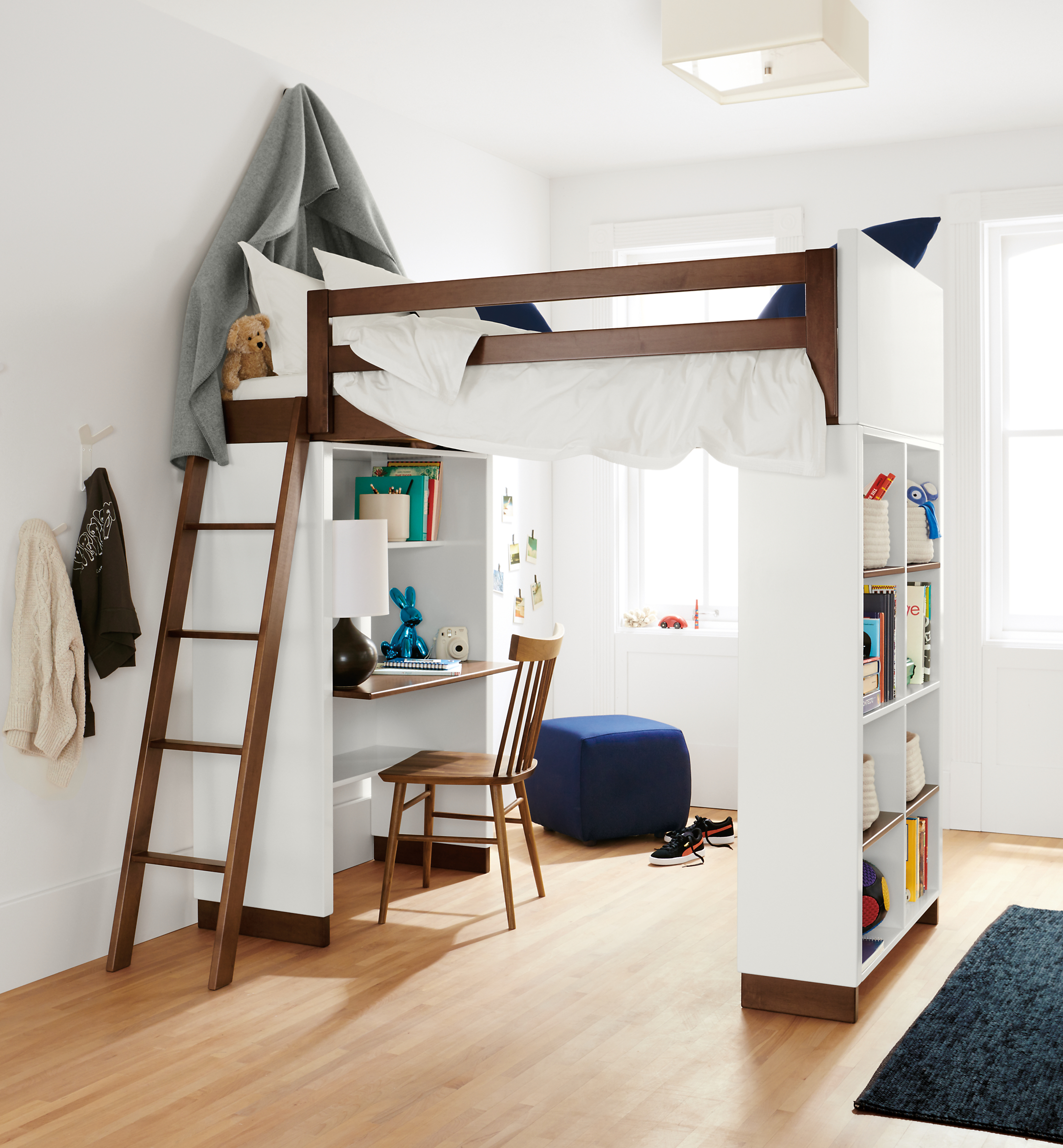 Detail of Moda loft bed with desk and bookcase.