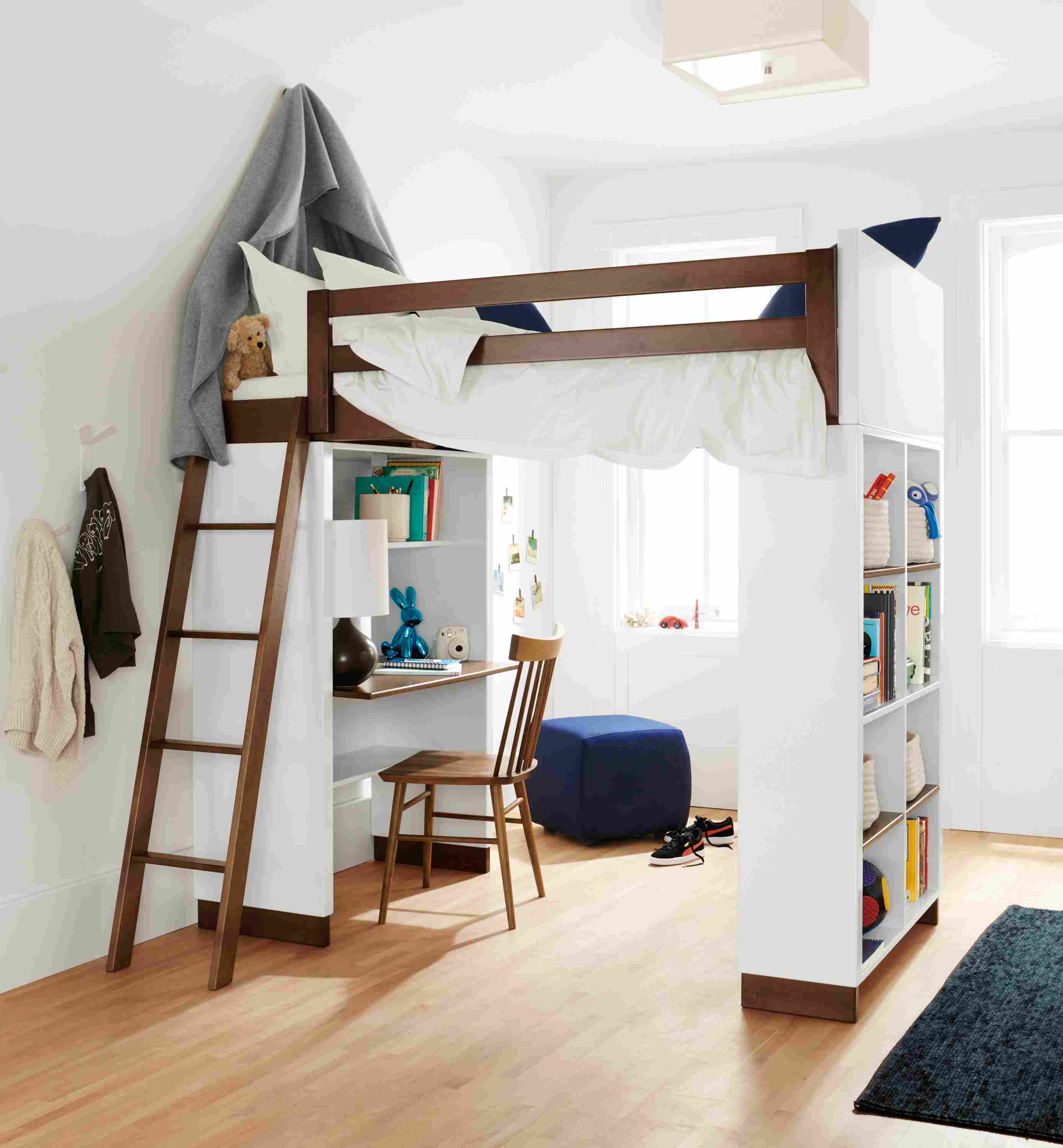 Detail of Moda loft bed with desk and bookcase.