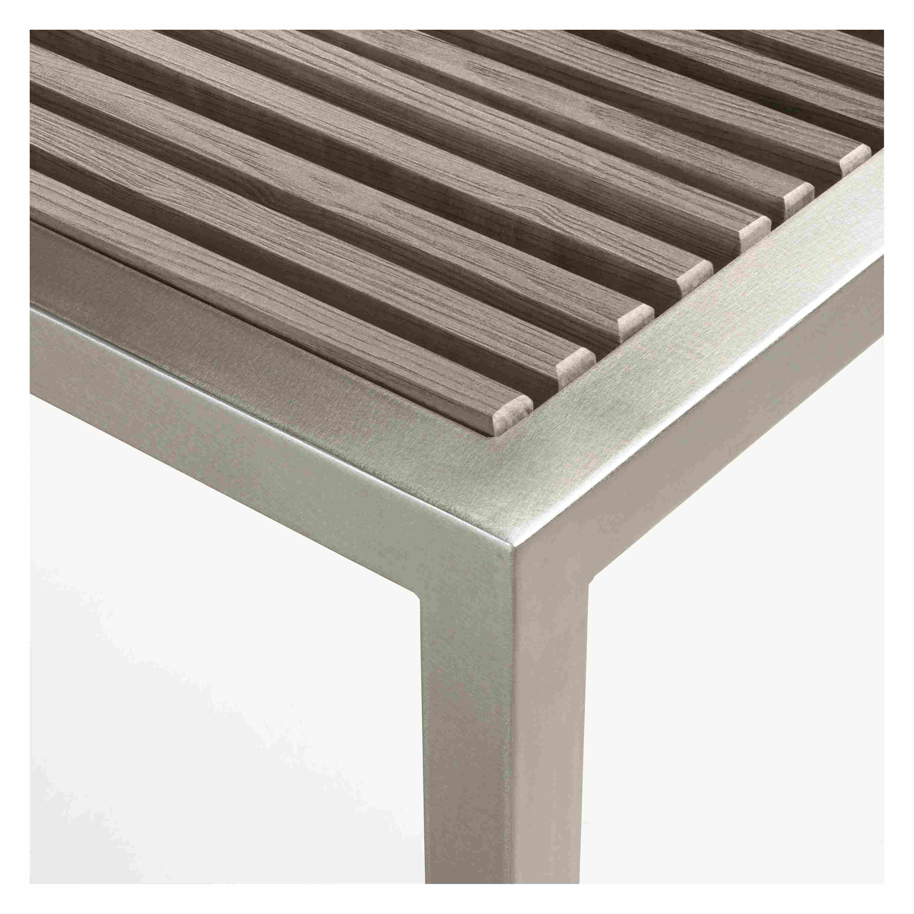 Detail of Montego 54-wide Bench in Aged Thermally Modified Oak and Stainless Steel.