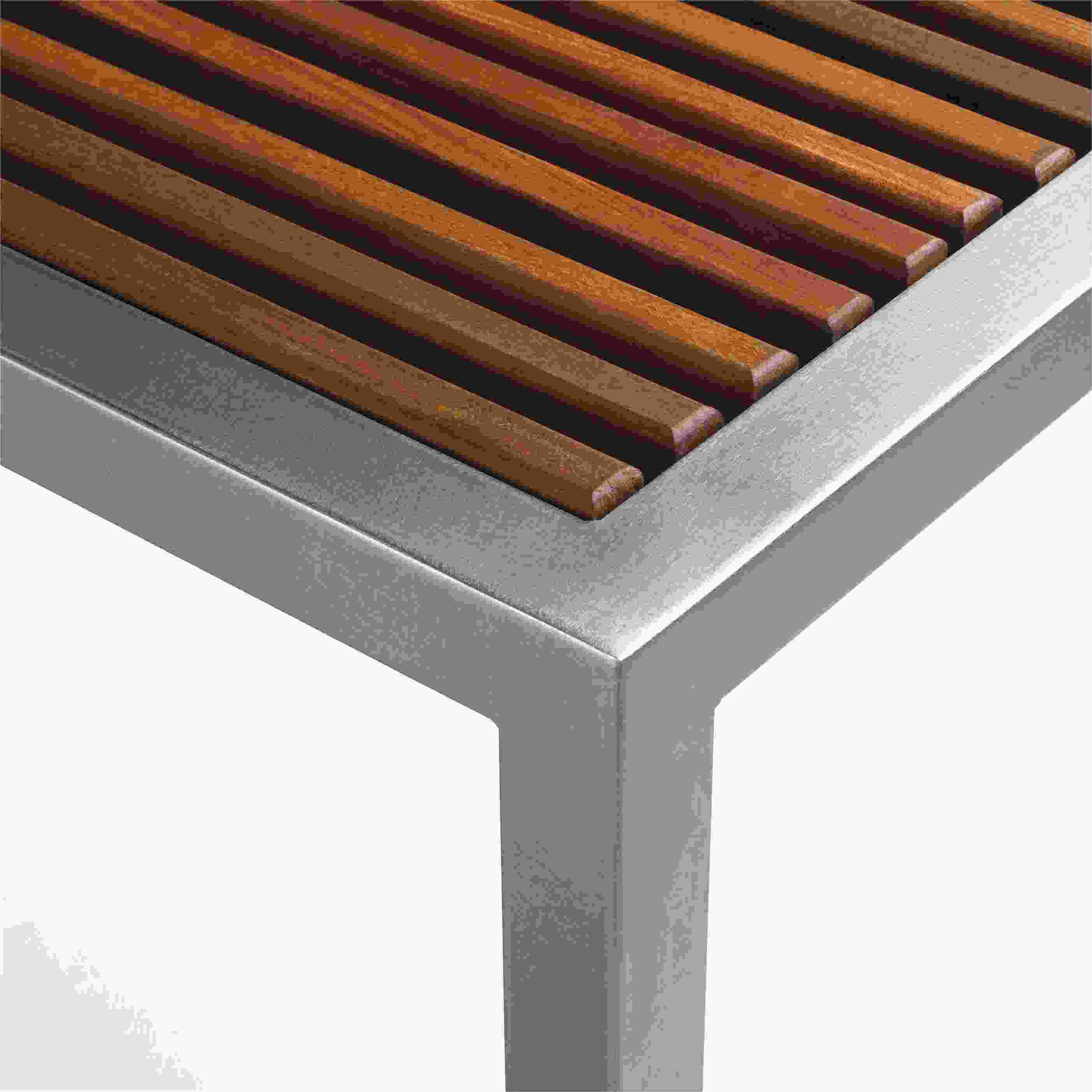 corner detail of Montego 54-wide Bench in new Reclaimed Ash and stainless steel frame.