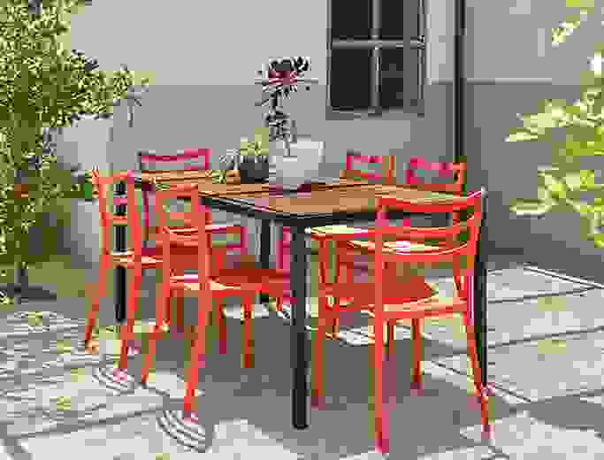 Montego table with six red chairs.