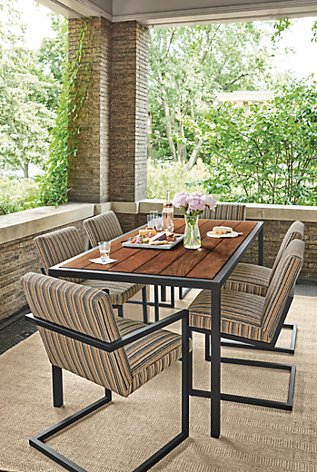 Detail of Montego outdoor dining table and Finn chairs.