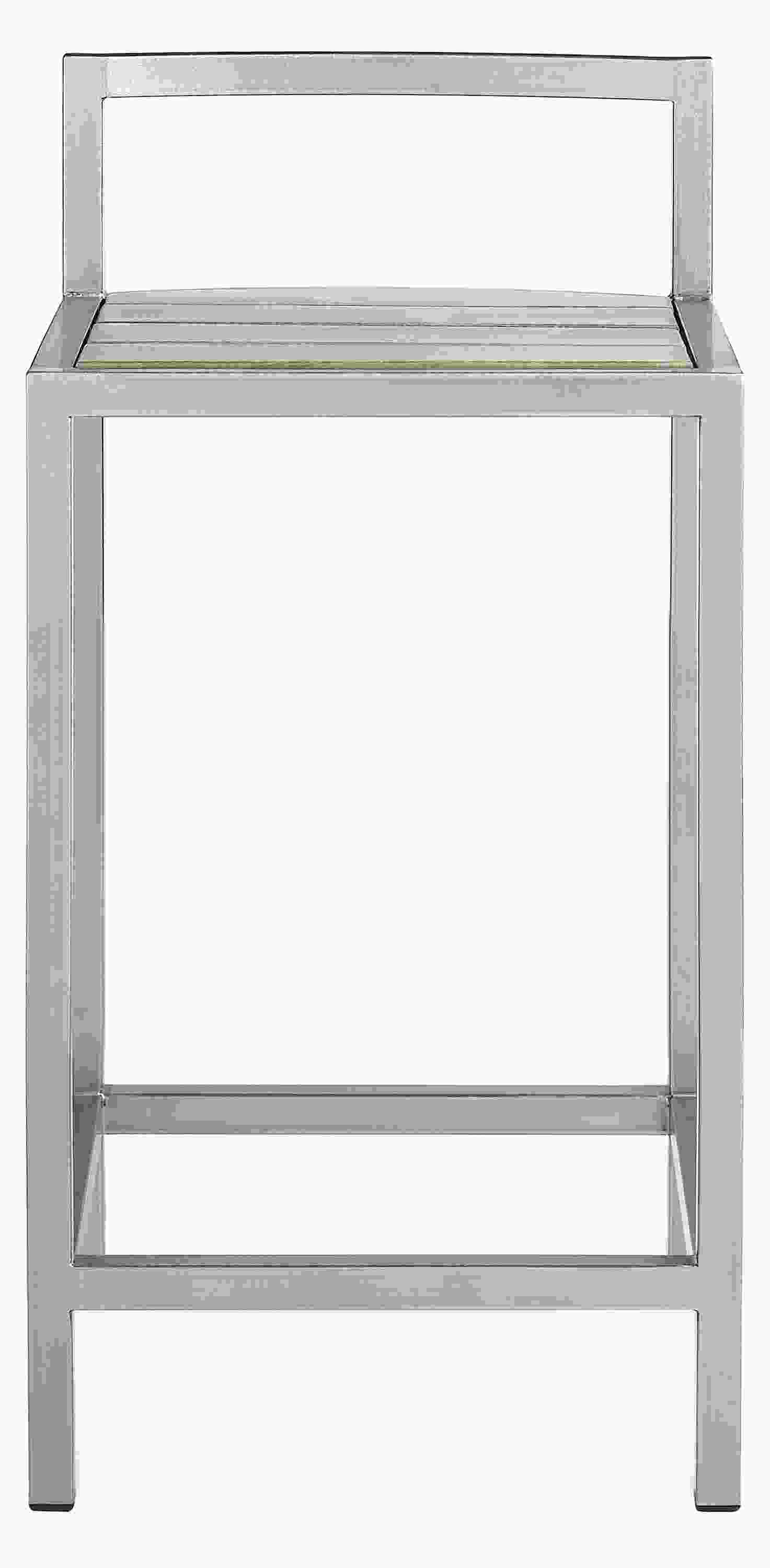 front view of Montego Counter Stool in aged Reclaimed Ash and stainless steel frame.