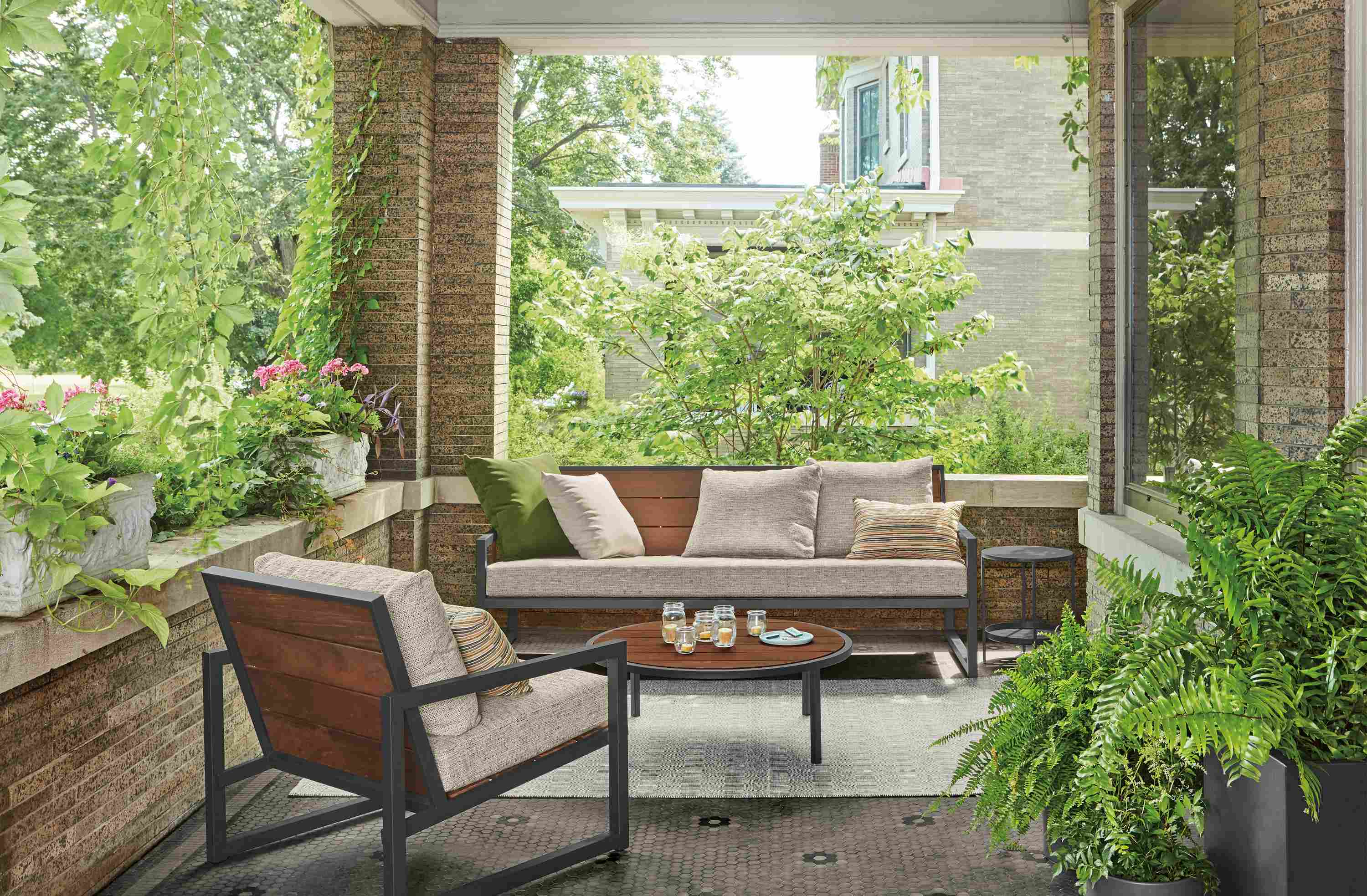 Detail of Montego outdoor sofa with Montego outdoor lounge chair.