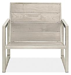 front view of Montego 32-inch Lounge Chair in aged Reclaimed Ash and stainless steel frame.