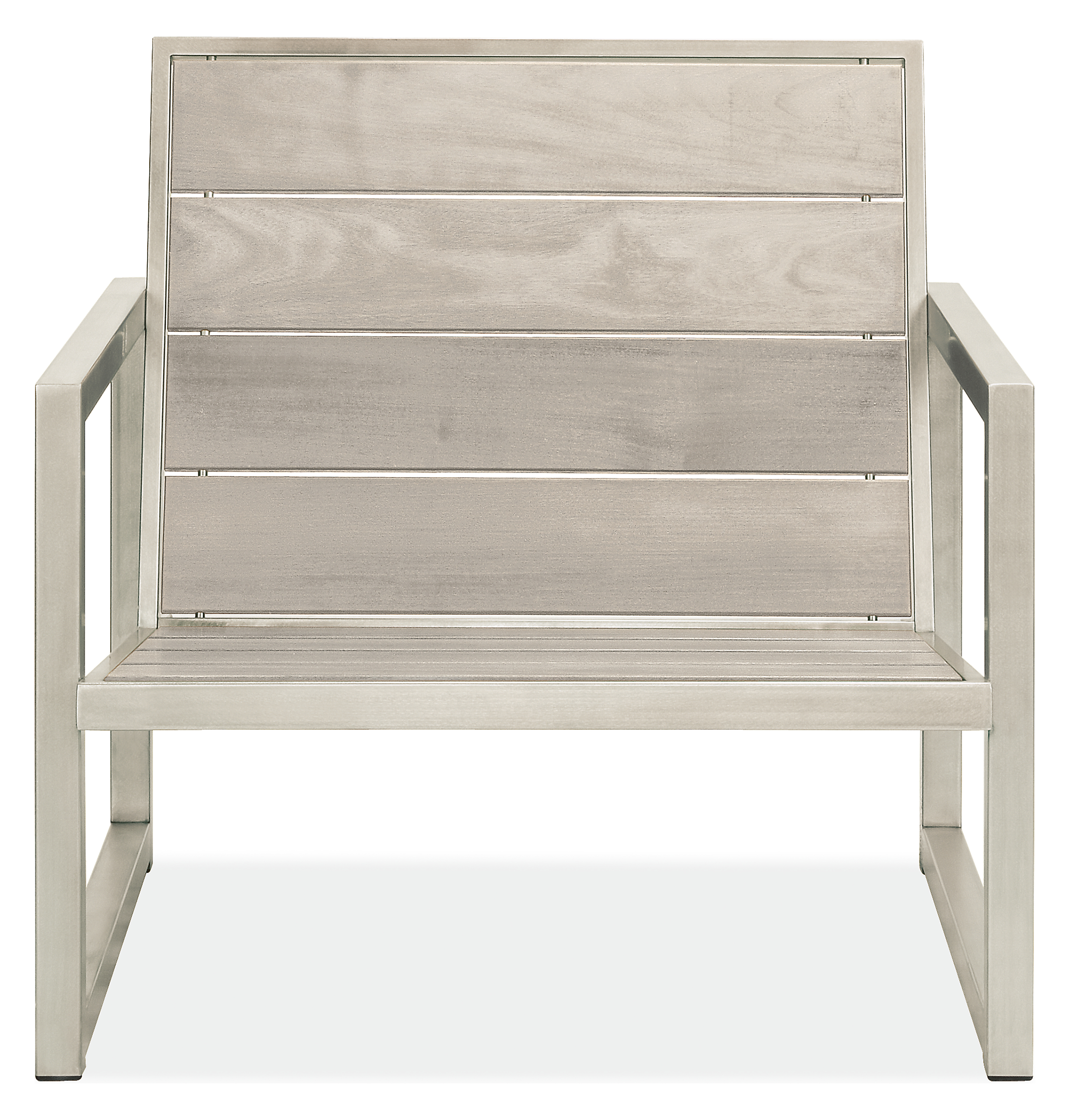 front view of Montego 32-inch Lounge Chair in aged Reclaimed Ash and stainless steel frame.