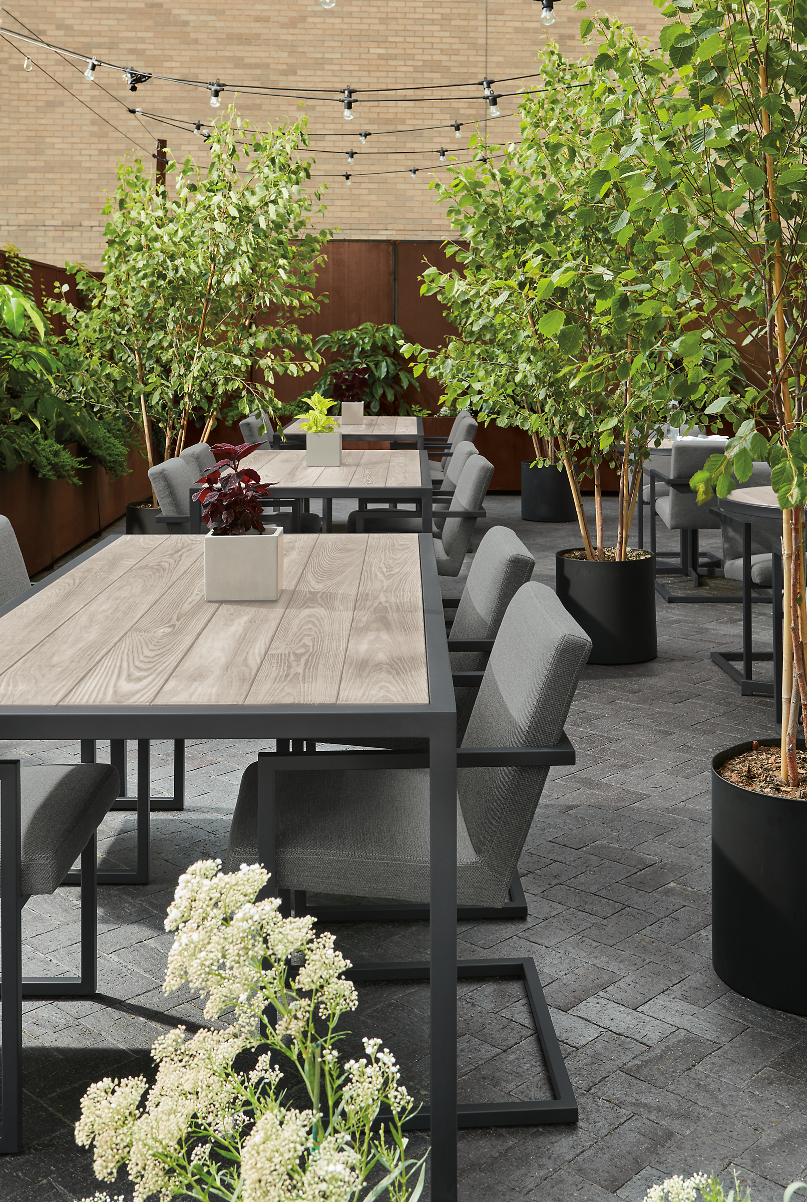 outdoor commercial dining space with 3 aged thermally modified ash montego dining tables and many finn arm chairs.