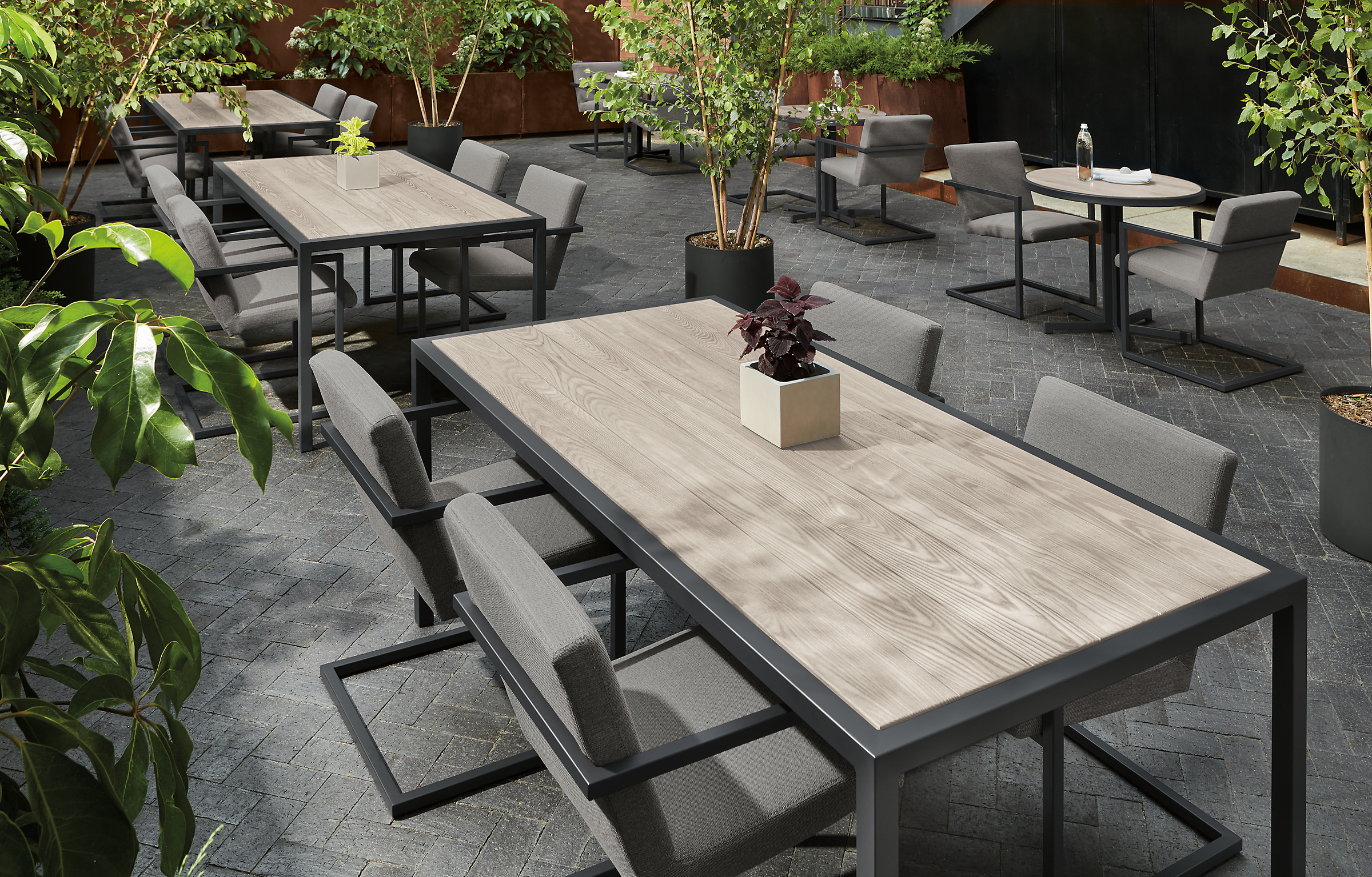 outdoor commercial dining space with several aged thermally modified ash montego tables and finn chairs.