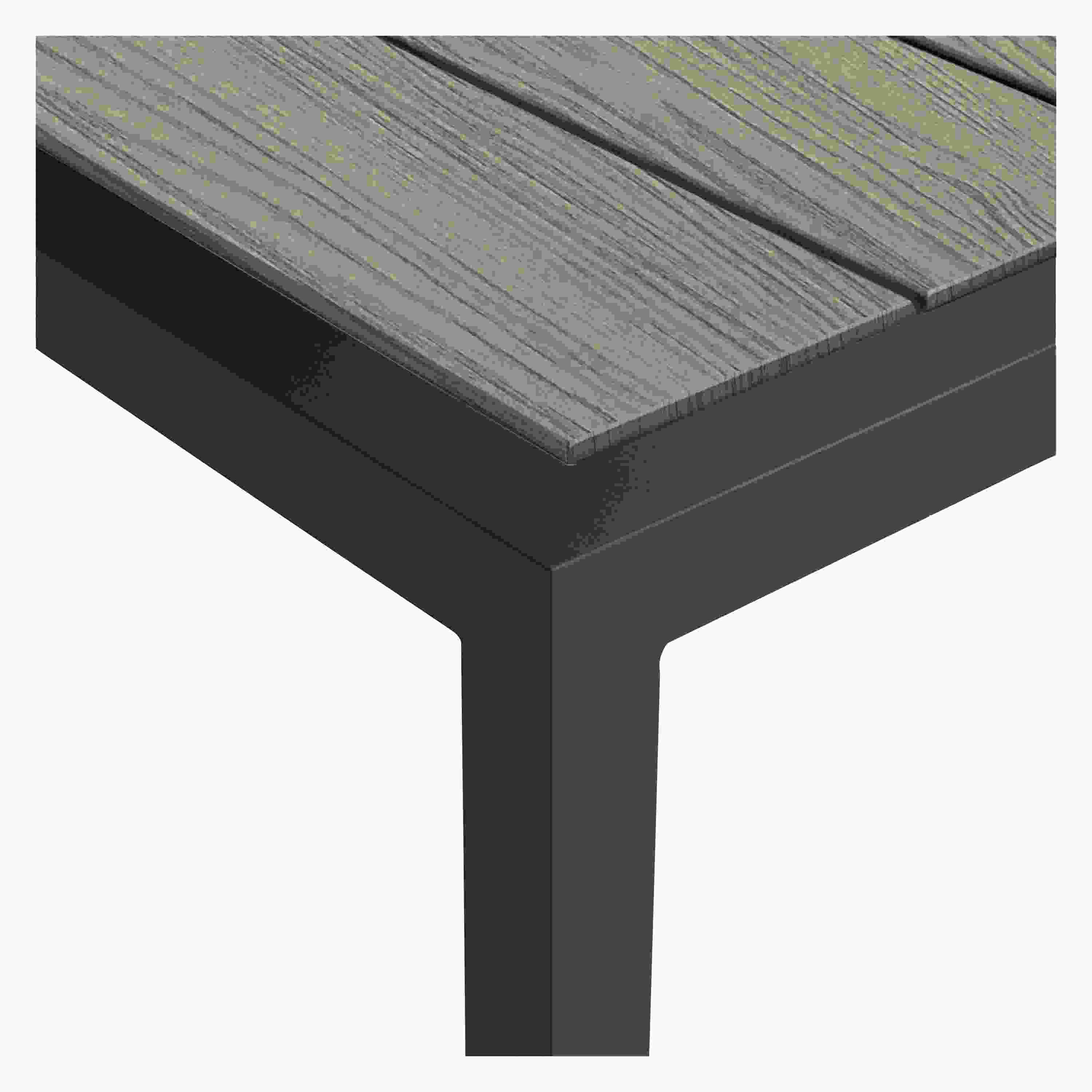 Detail of Montego 60-wide Table in Aged Thermally Modified Oak and Graphite.