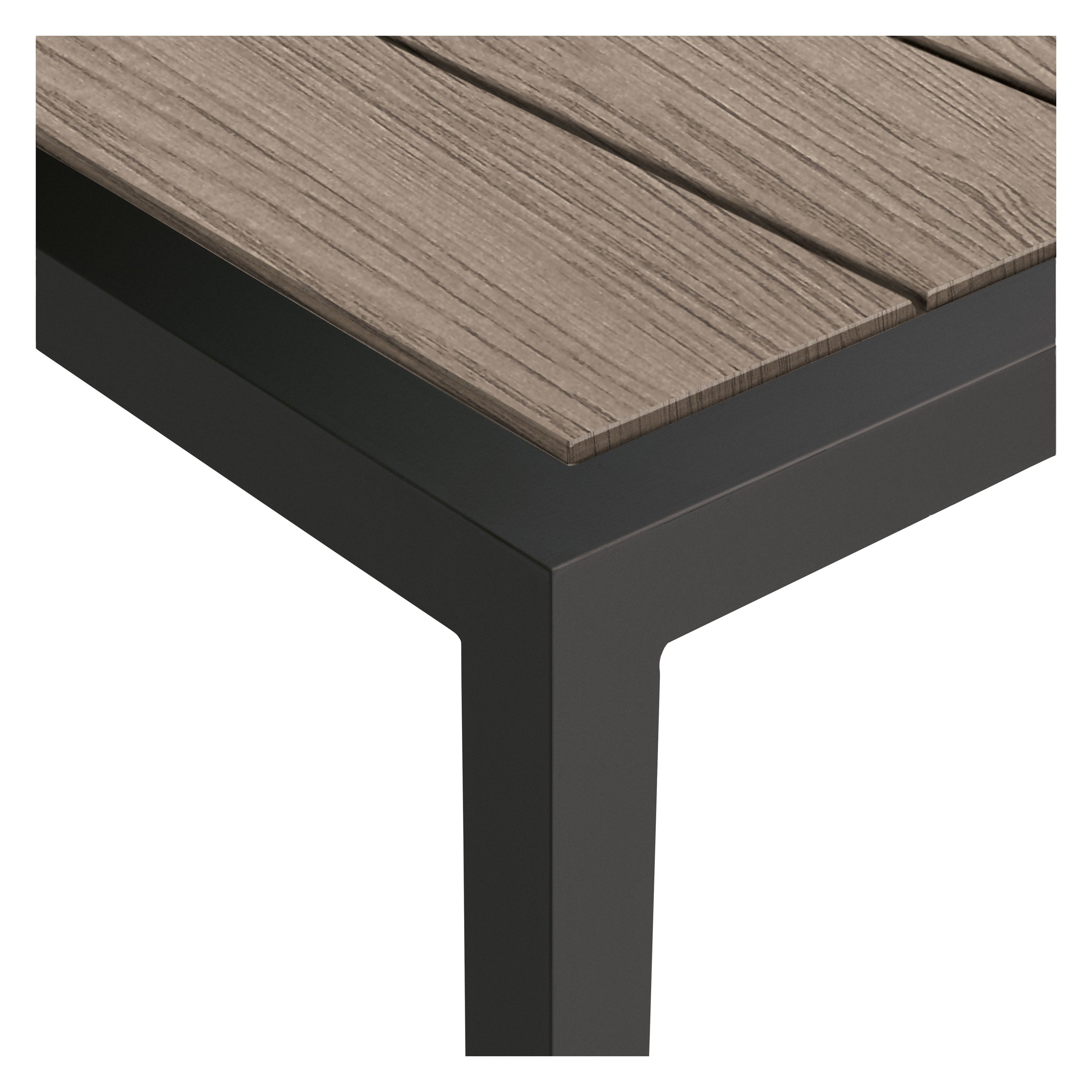 Detail of Montego 60-wide Table in Aged Thermally Modified Oak and Graphite.