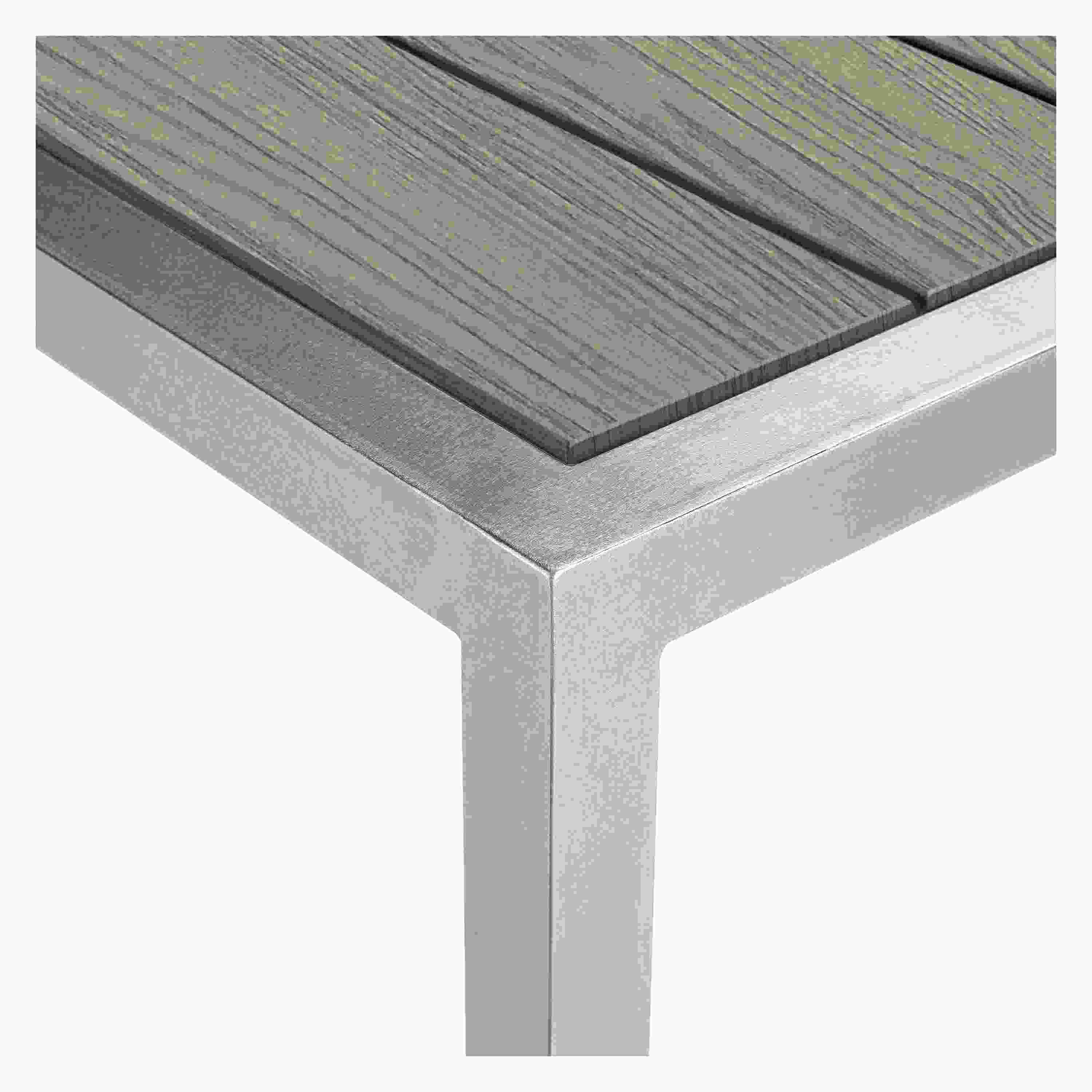 Detail of Montego 60-wide Table in Aged Thermally Modified Oak and Stainless Steel.