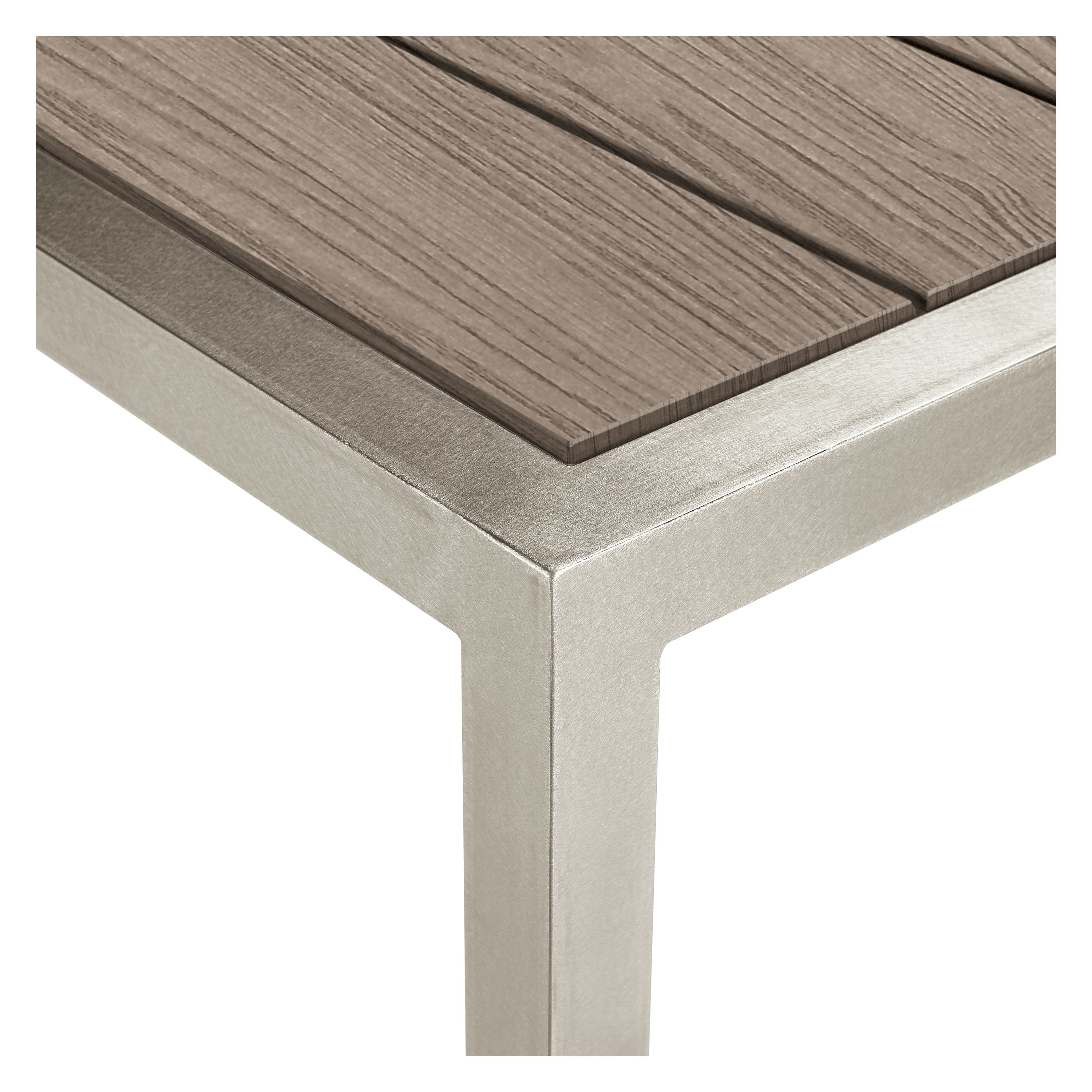 Detail of Montego 60-wide Table in Aged Thermally Modified Oak and Stainless Steel.