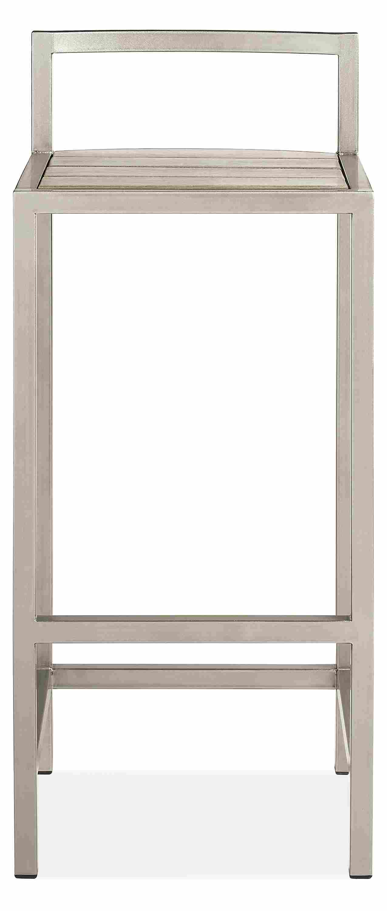 front view of Montego Bar Stool in aged Reclaimed Ash and stainless steel frame.