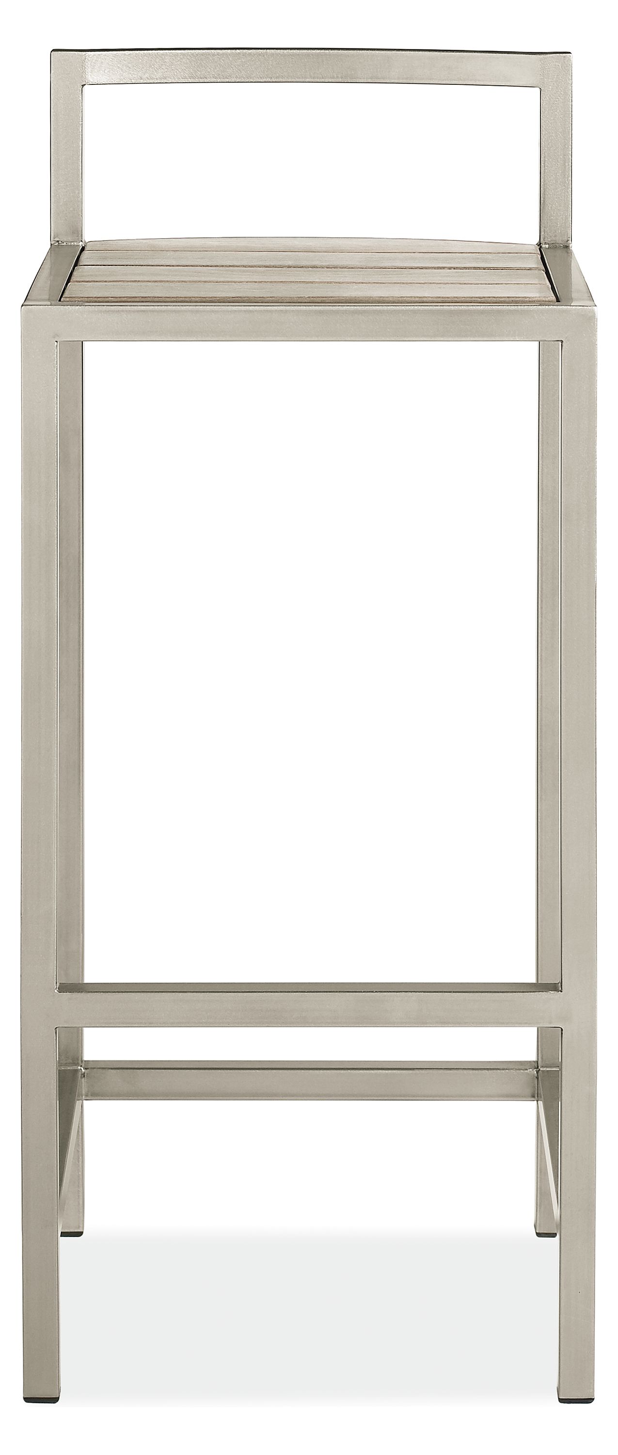 front view of Montego Bar Stool in aged Reclaimed Ash and stainless steel frame.