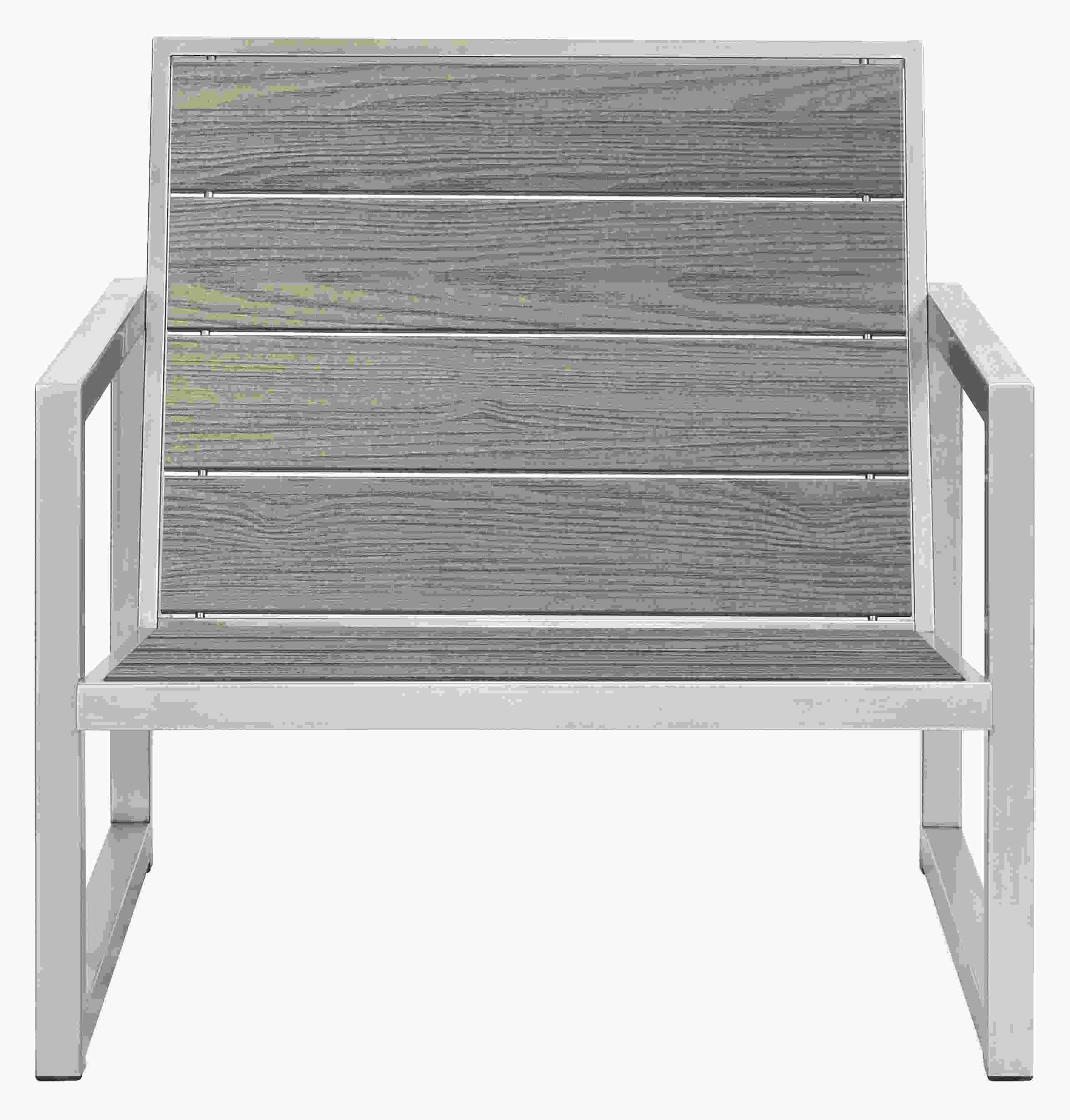 Front View Of Montego Lounge Chair and Ottoman In Aged Thermally Modified Oak and Stainless Steel Frame.