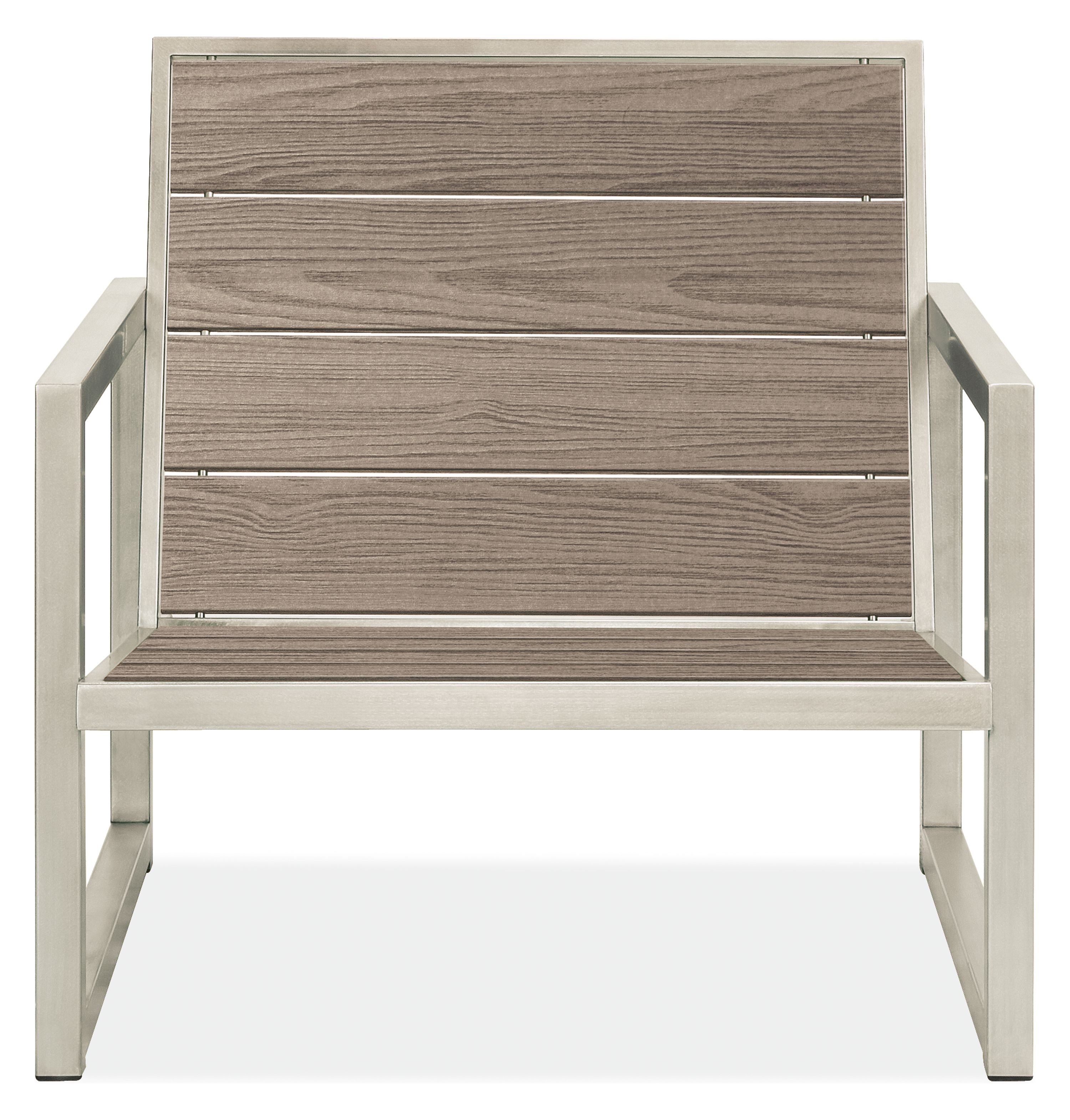 Front View Of Montego Lounge Chair and Ottoman In Aged Thermally Modified Oak and Stainless Steel Frame.