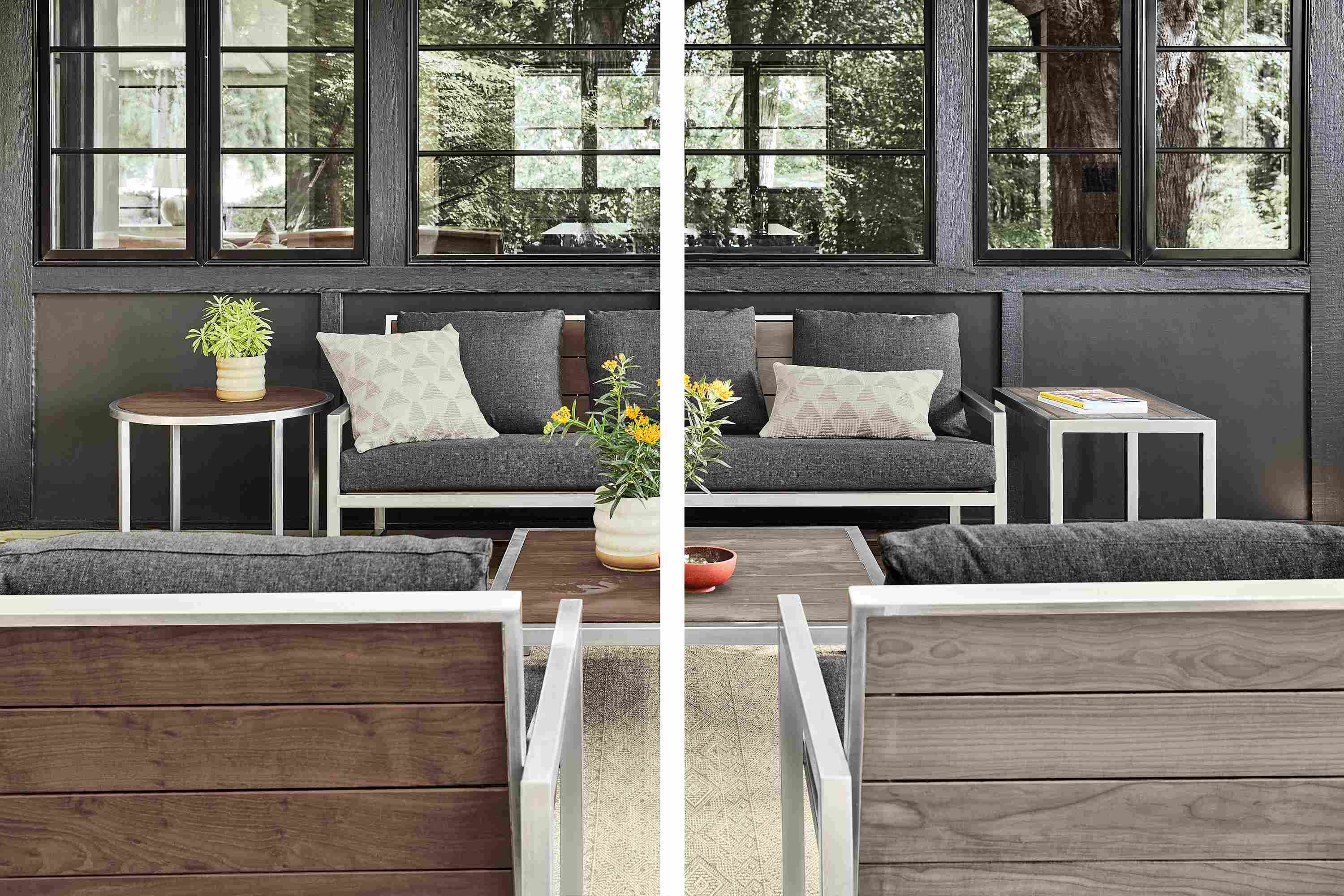 Montego sofa with Mist charcoal cushions, coffee table and two end tables in stainless steel with Thermally modified oak wood shown new and aged.