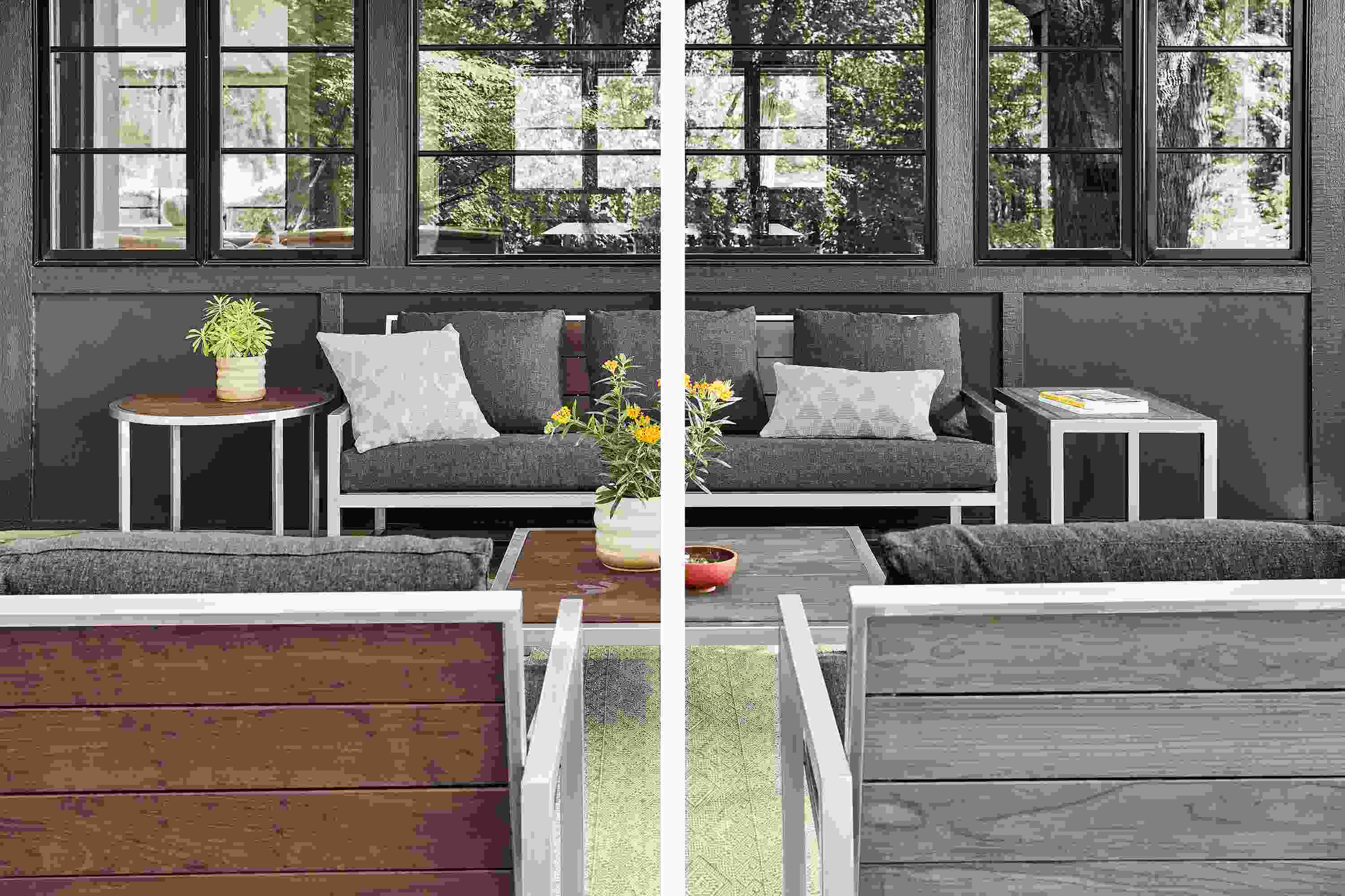 Montego sofa with Mist charcoal cushions, coffee table and two end tables in stainless steel with Thermally modified oak wood shown new and aged.