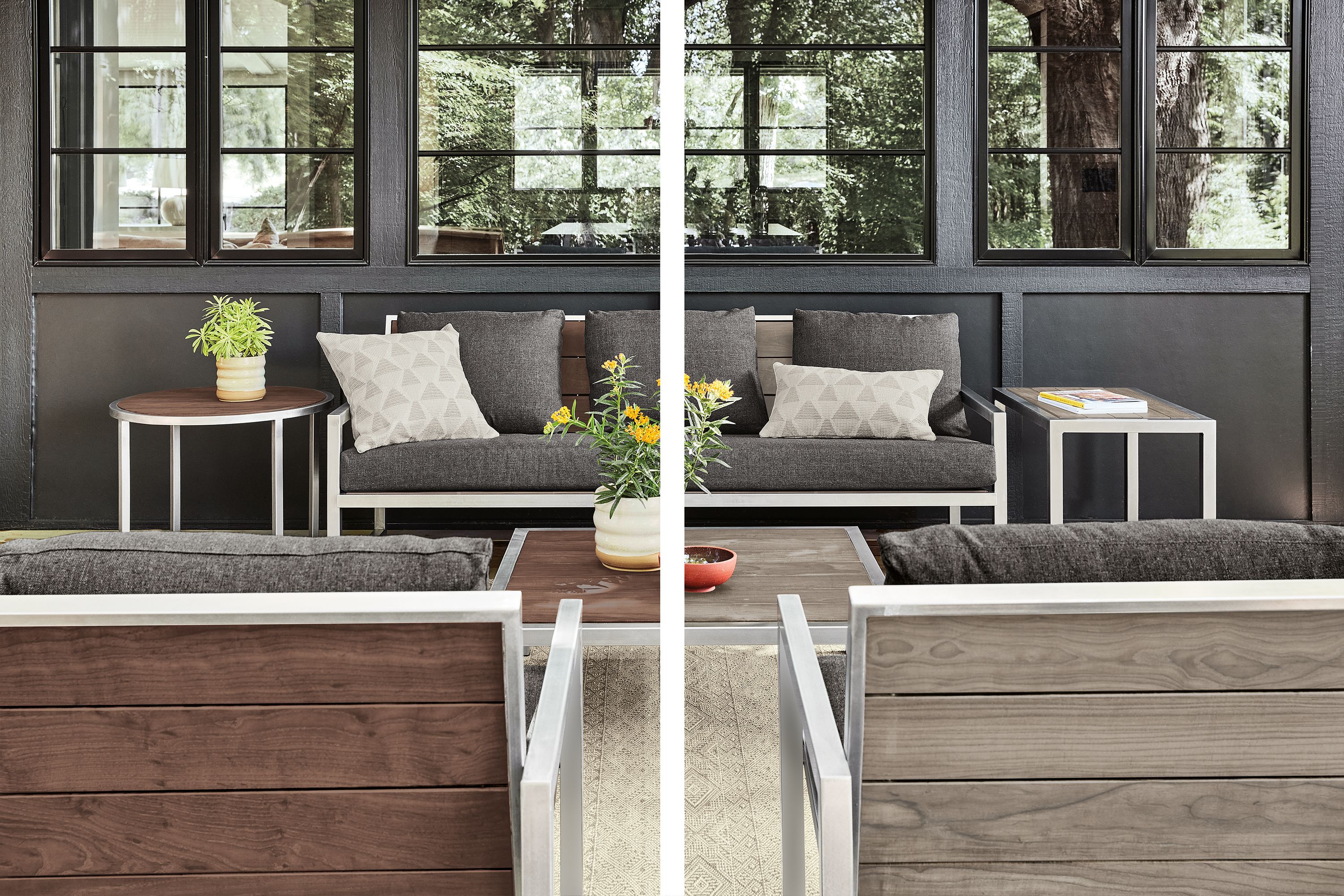 Montego sofa with Mist charcoal cushions, coffee table and two end tables in stainless steel with Thermally modified oak wood shown new and aged.