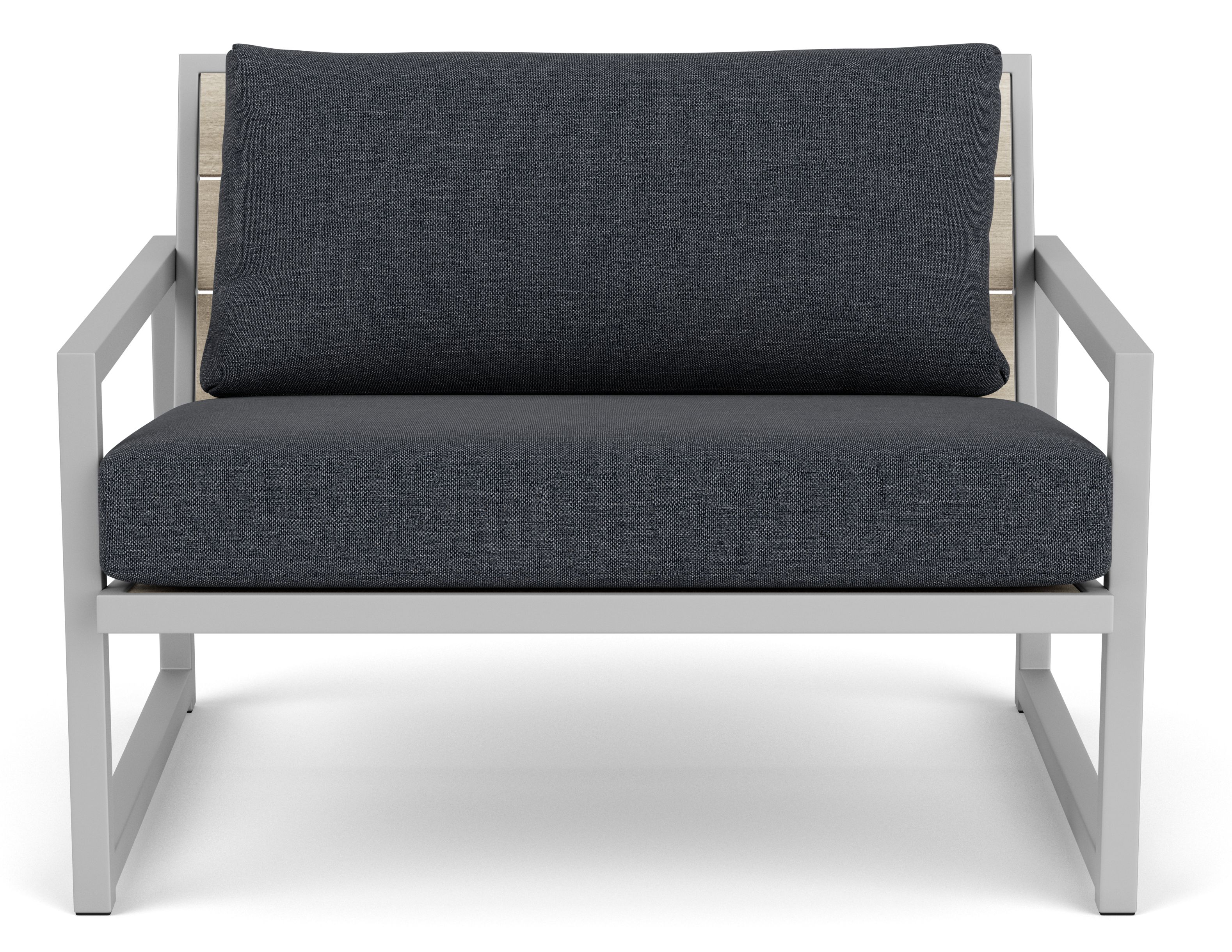 Side view of Montego 42 Lounge Chair with stainless steel frame and cushion in Mist Fabric.