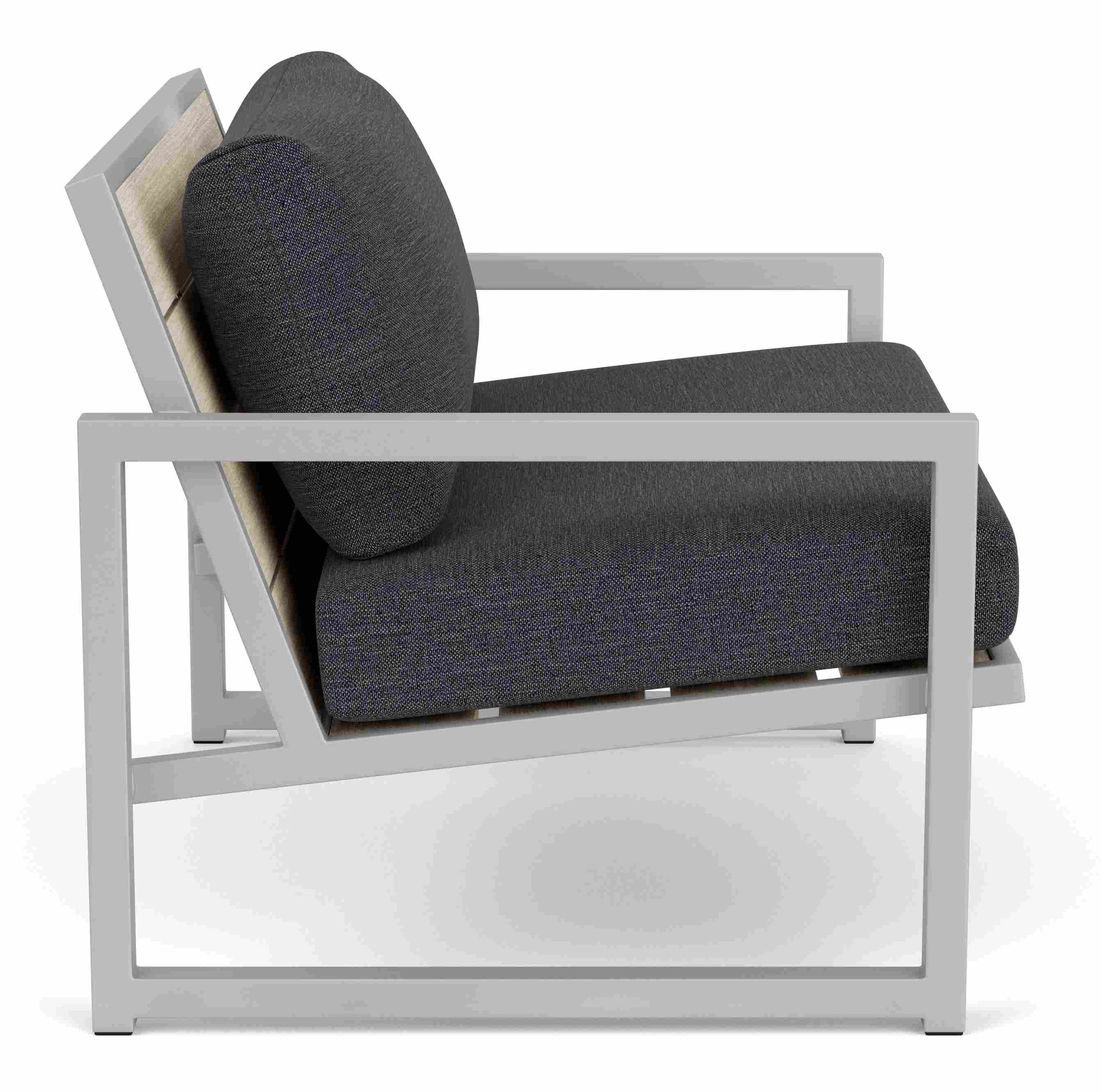 Front view of Montego 42 Lounge Chair with stainless steel frame and cushion in Mist Fabric.