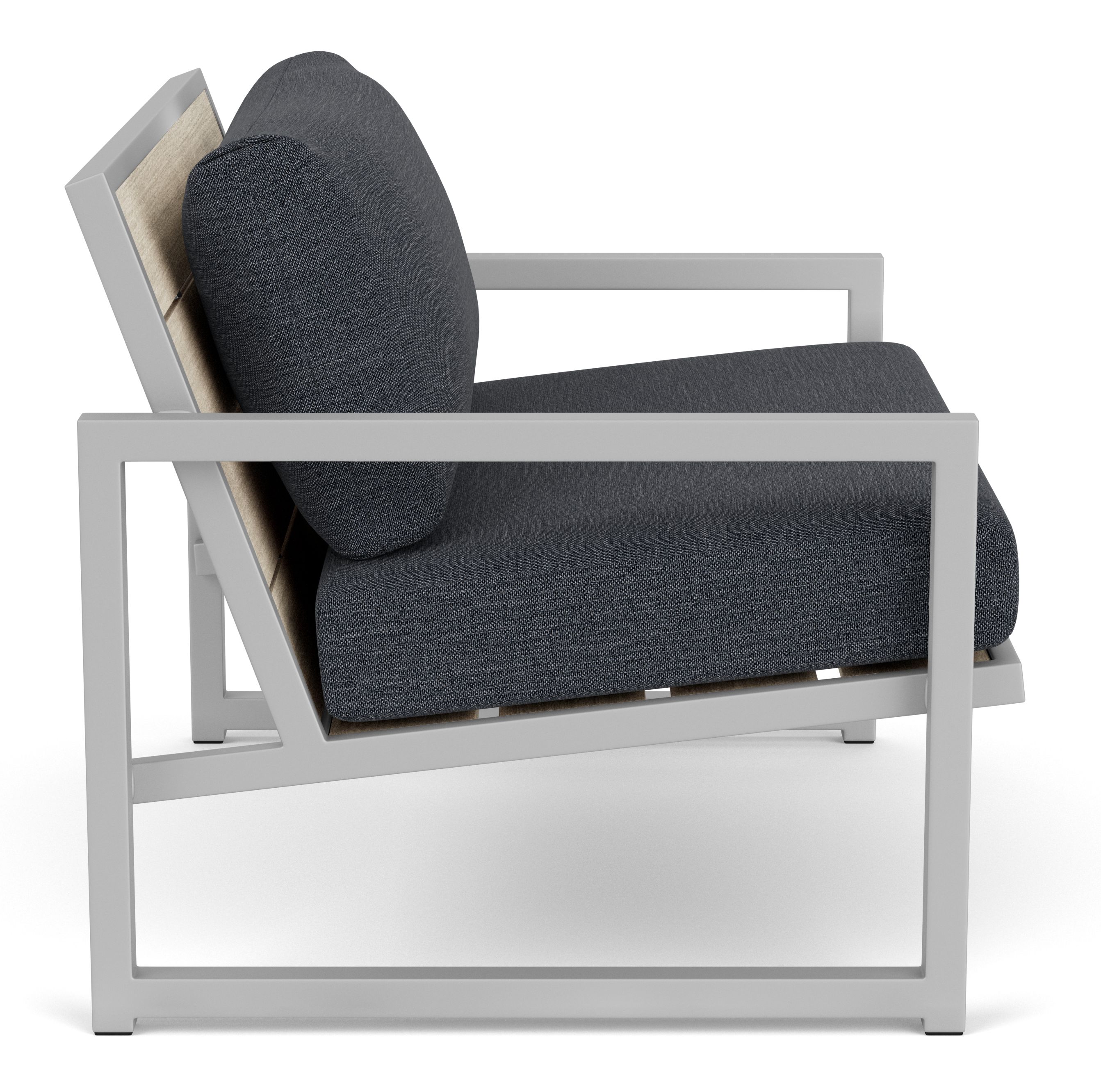 Front view of Montego 42 Lounge Chair with stainless steel frame and cushion in Mist Fabric.