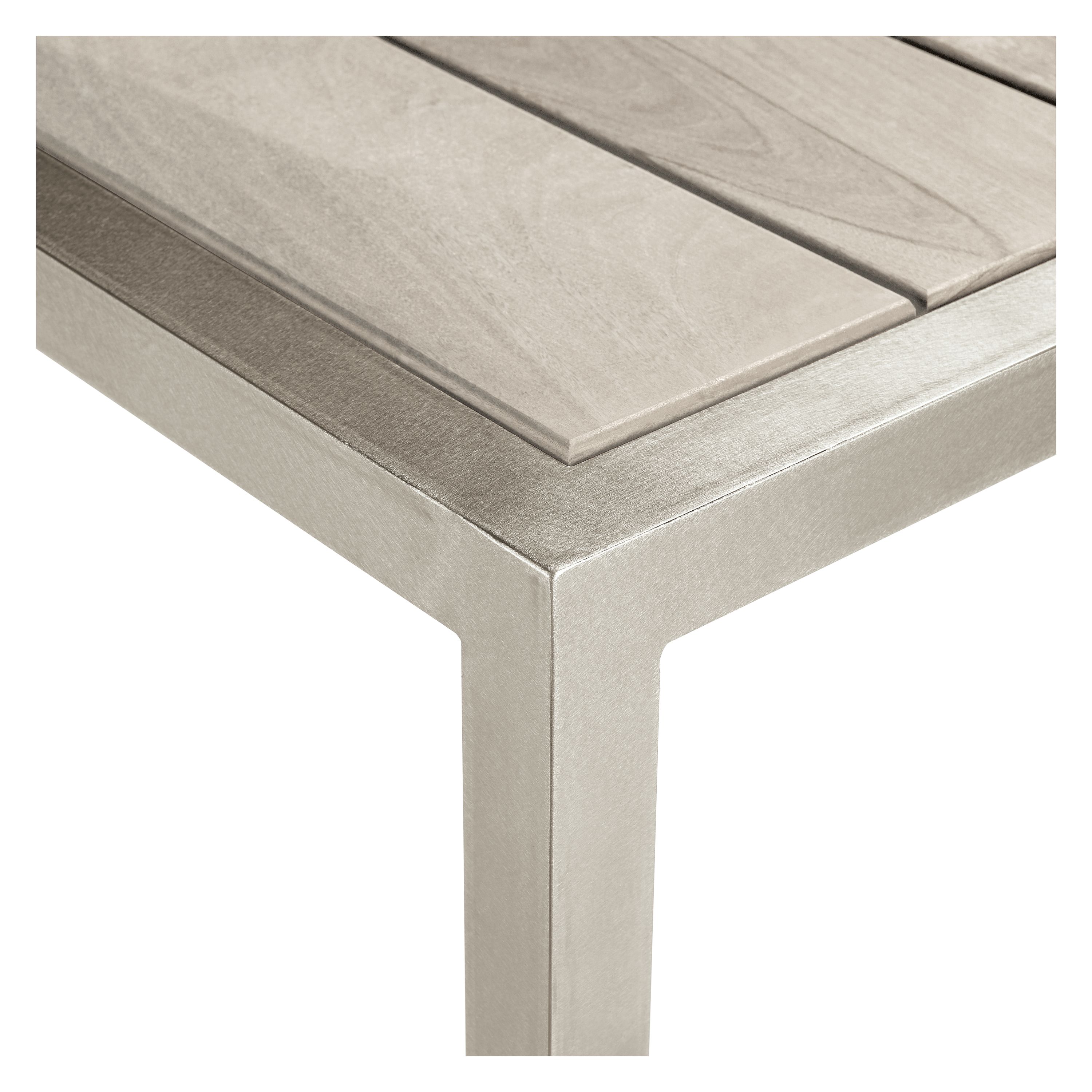 corner detail of Montego 60-wide Table in aged Reclaimed Ash and stainless steel frame.