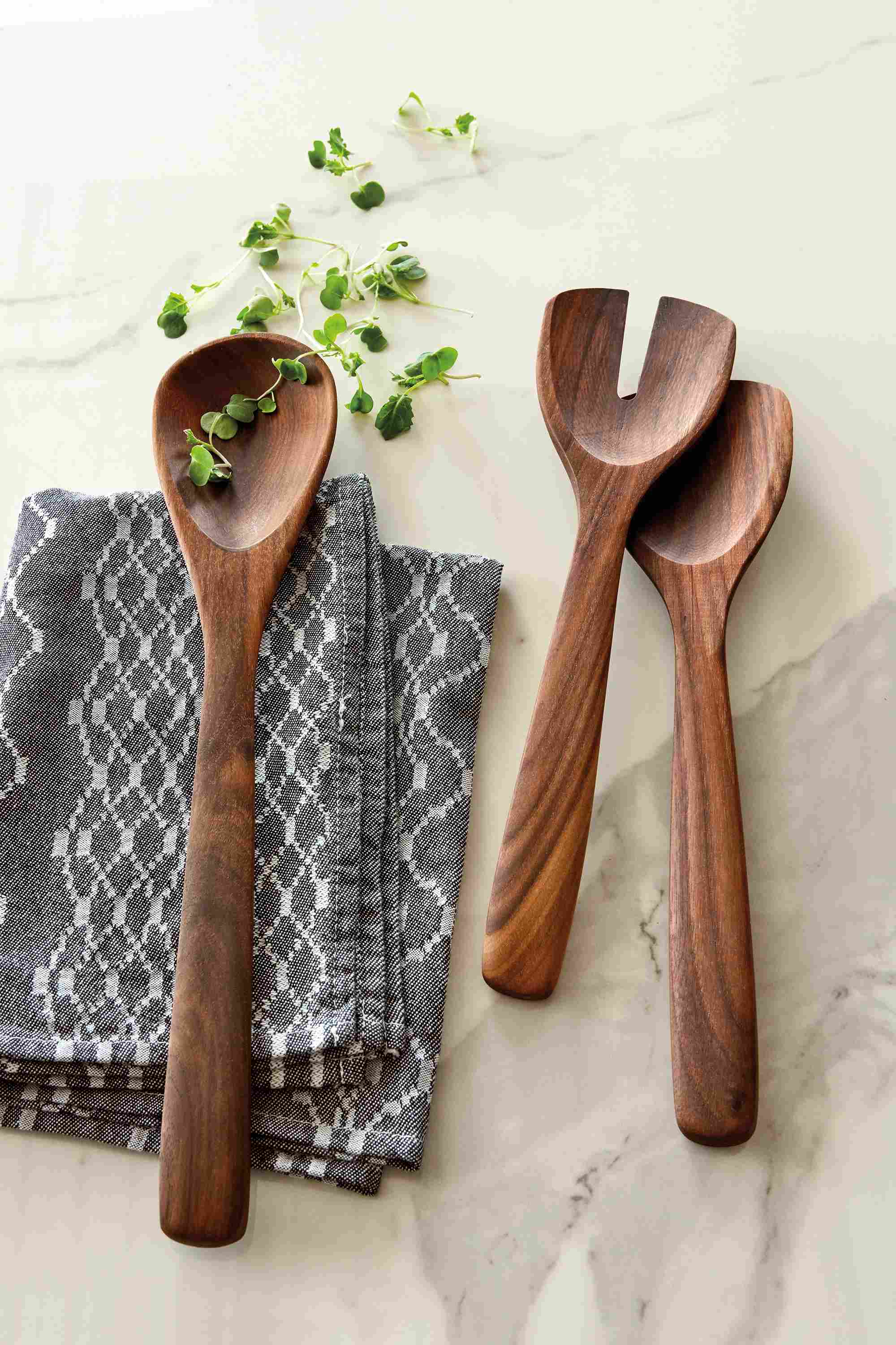 Table setting with Moore Wooden Salad Set and Path Tea Towels.