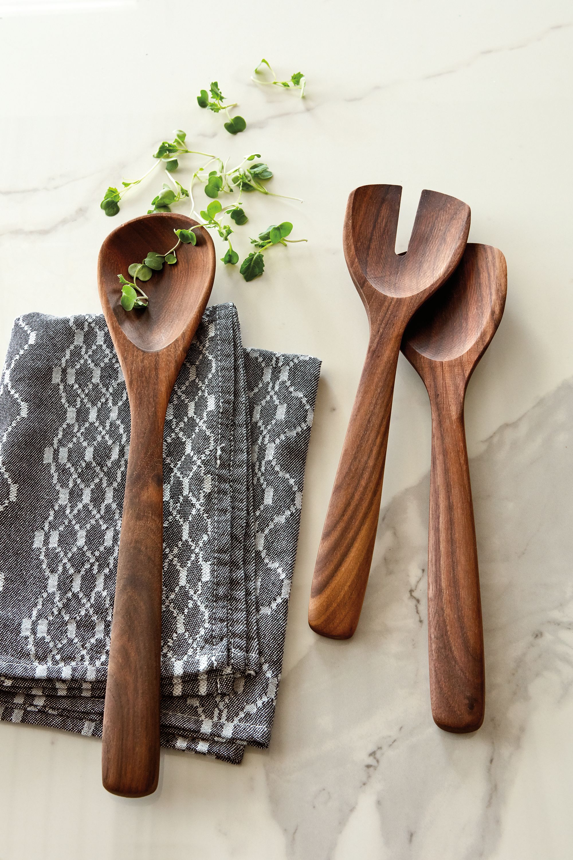 Table setting with Moore Wooden Salad Set and Path Tea Towels.