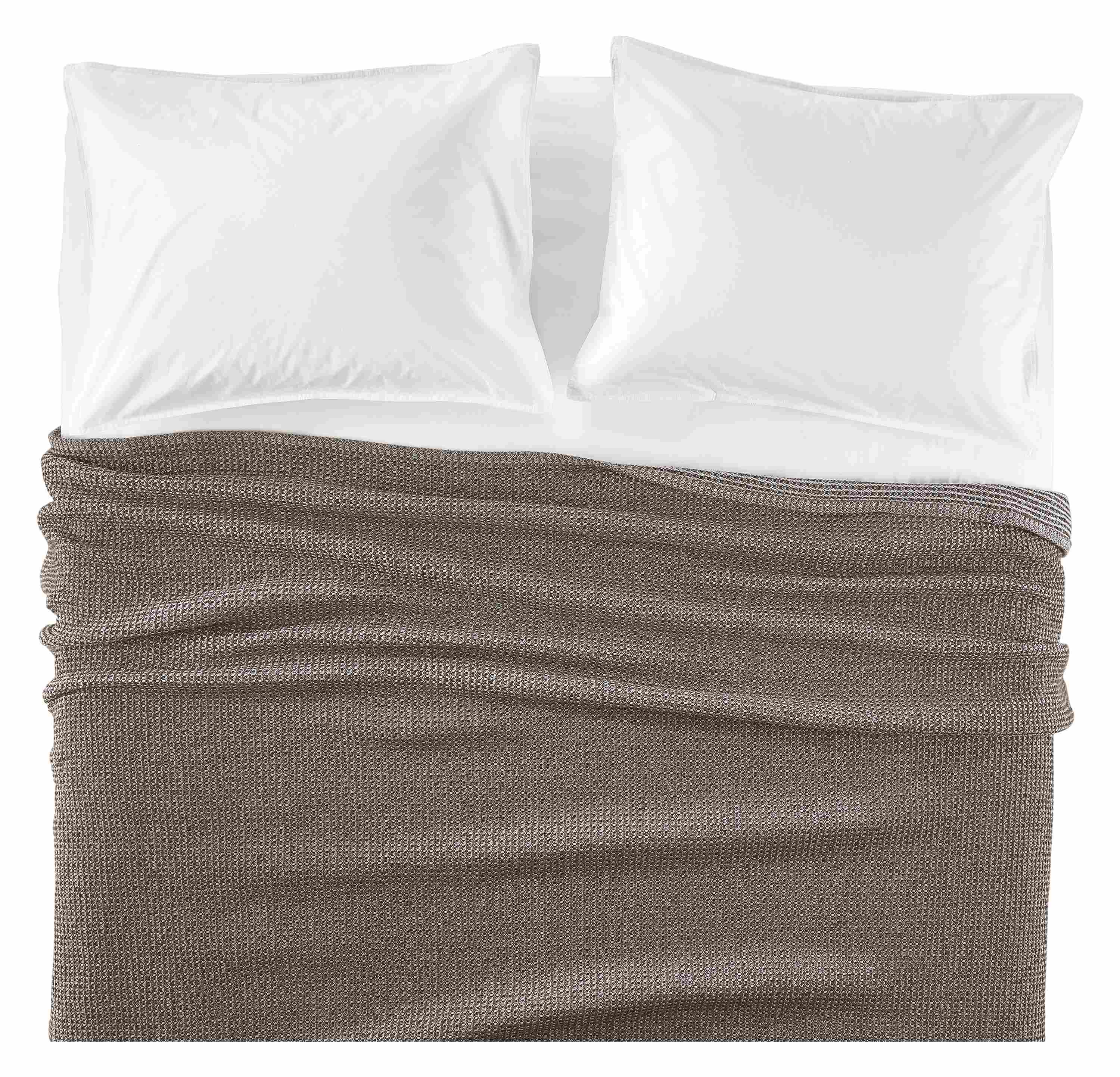 Overhead view of core queen bed with morgan blanket in earth and signature percale sham and sheets in white.