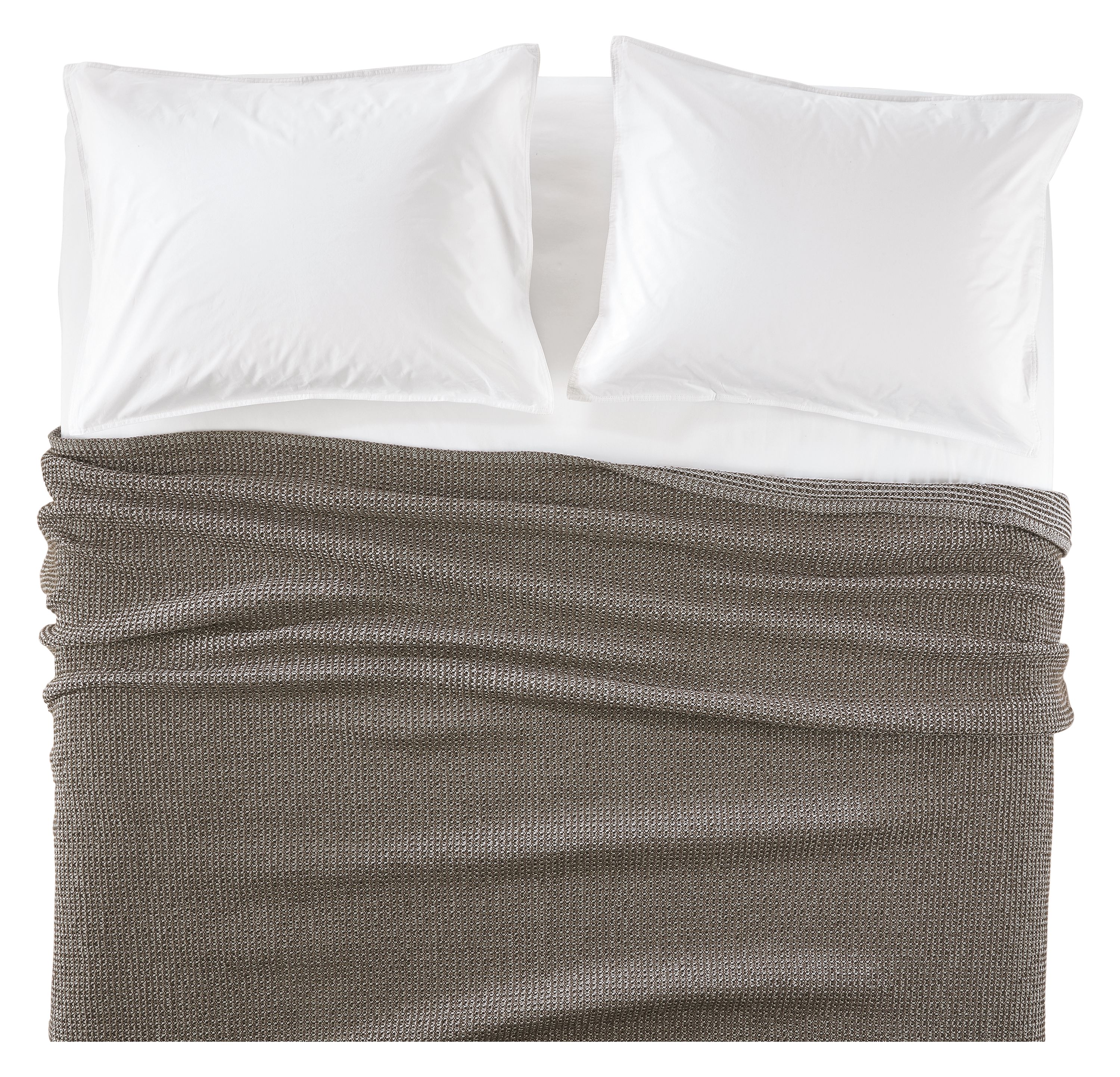 Overhead view of core queen bed with morgan blanket in earth and signature percale sham and sheets in white.