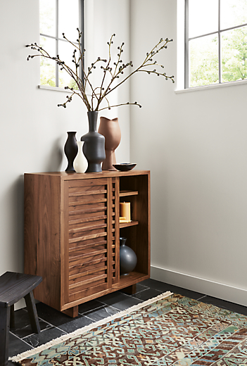 Room setting with a Moro 30-wide storage cabinet in Walnut and a Timuri rug.  