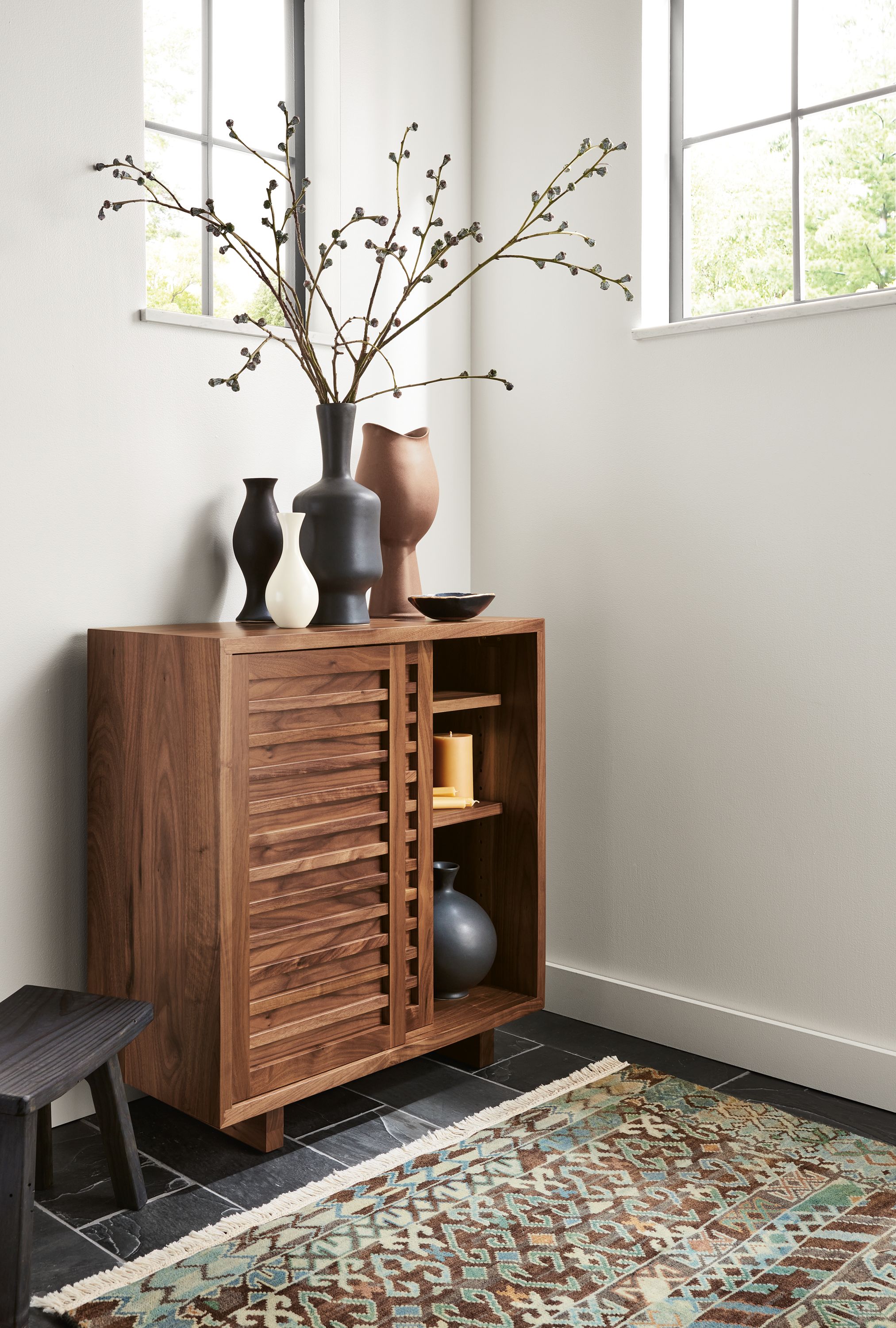 Room setting with a Moro 30-wide storage cabinet in Walnut and a Timuri rug.