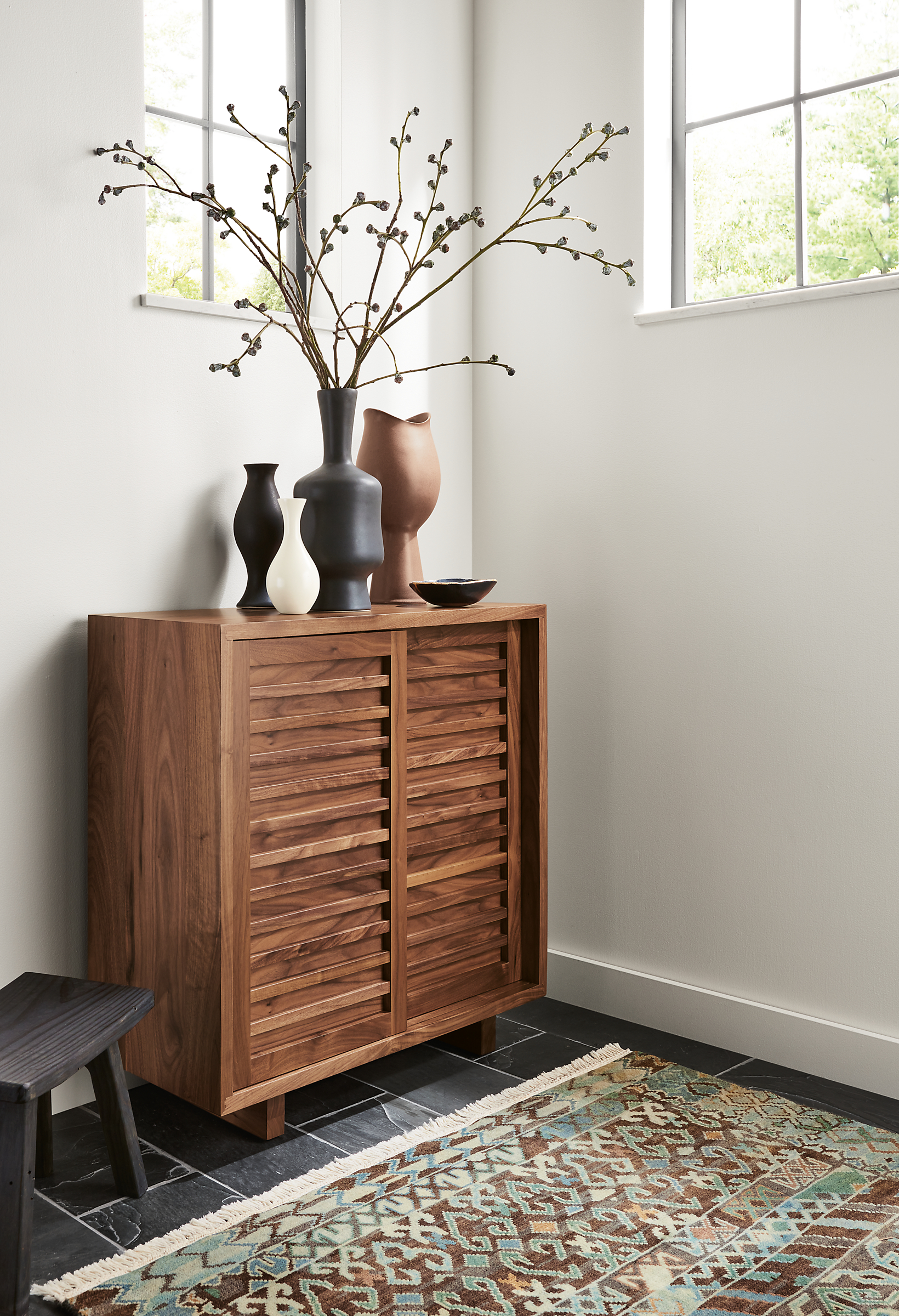 Room setting with a Moro 30-wide storage cabinet in Walnut and a Timuri rug.
